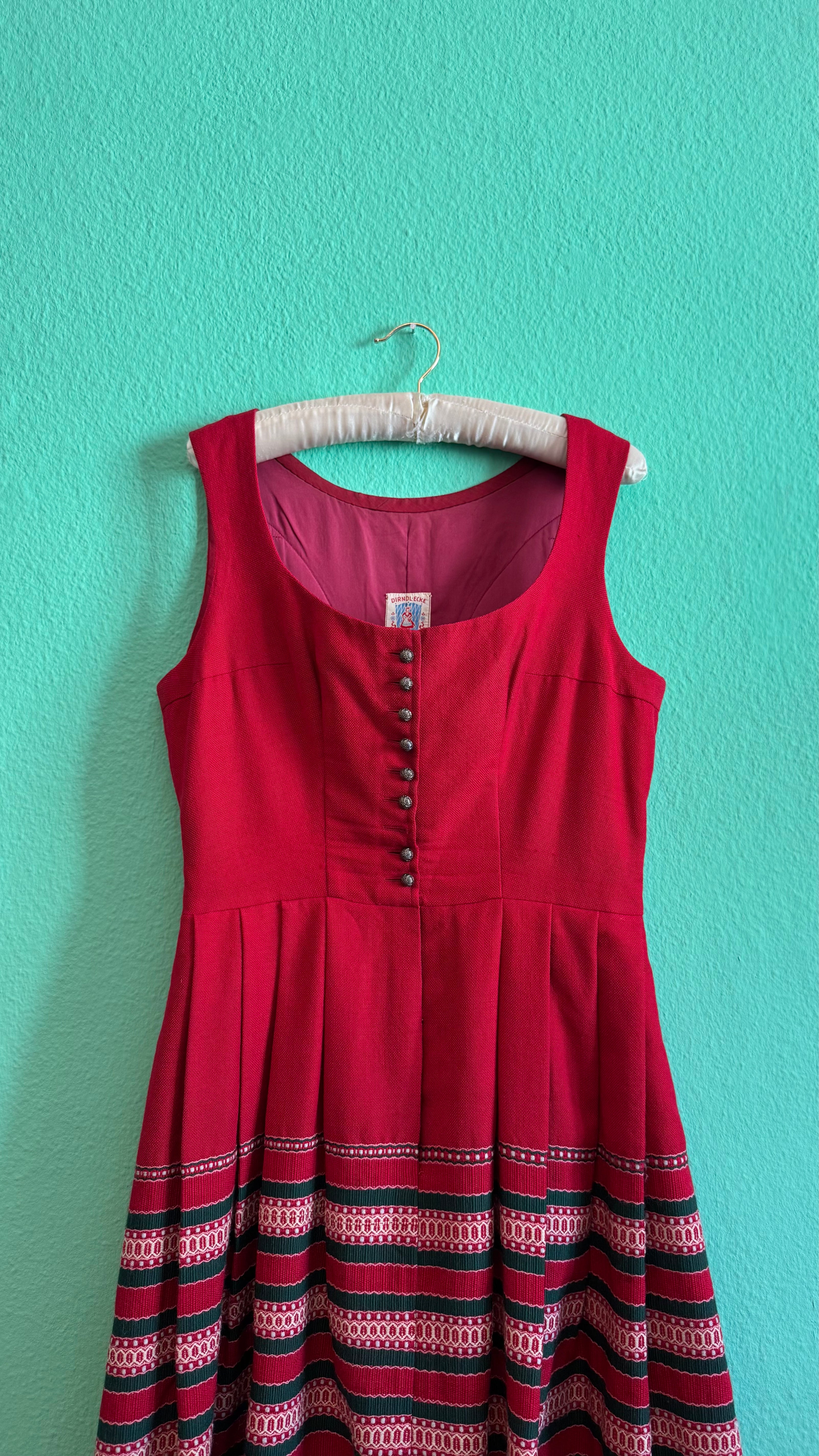 Vintage 1970s Red Pleated Dirndl Dress by Dirndlecke
