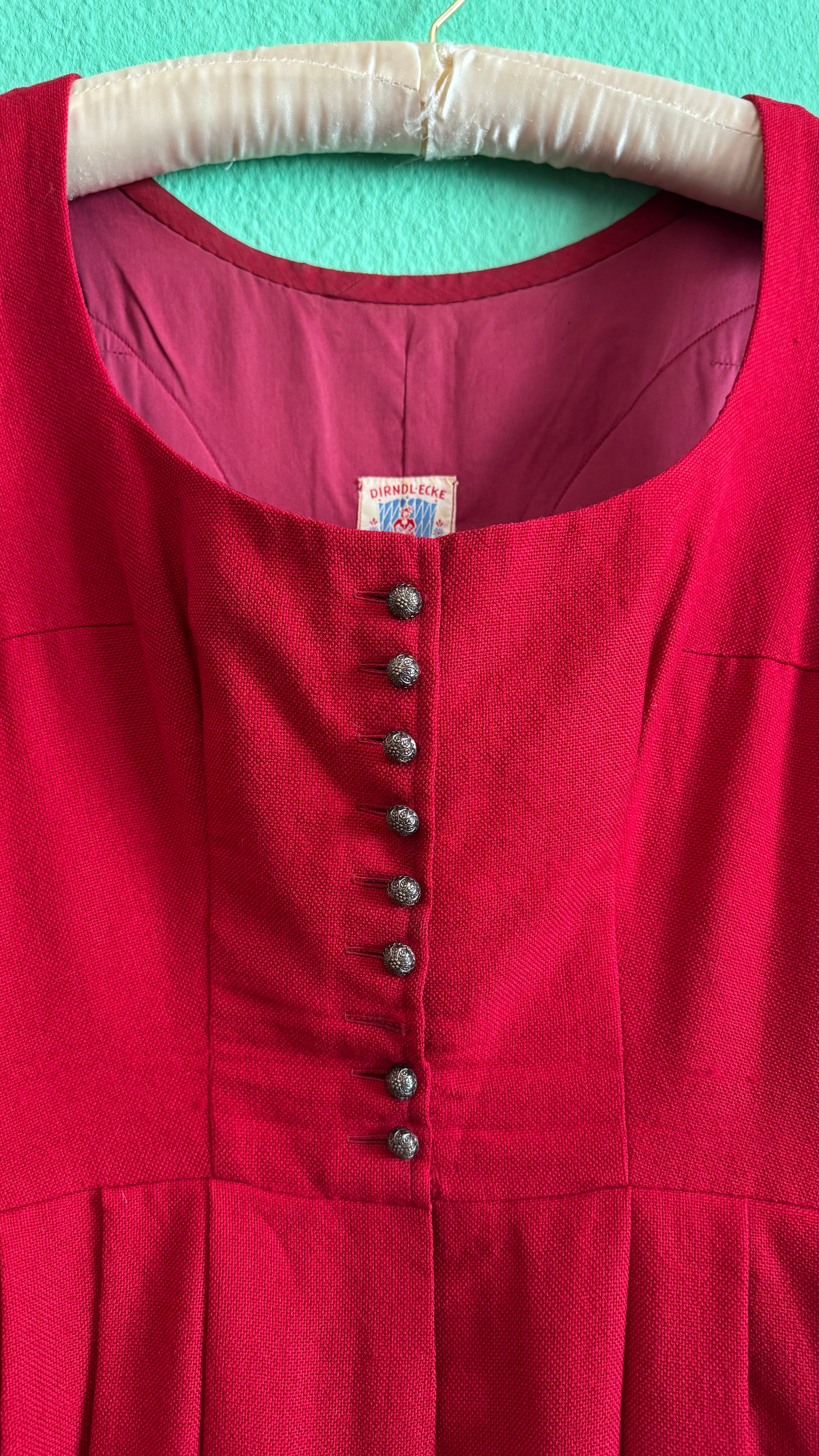 Vintage 1970s Red Pleated Dirndl Dress by Dirndlecke