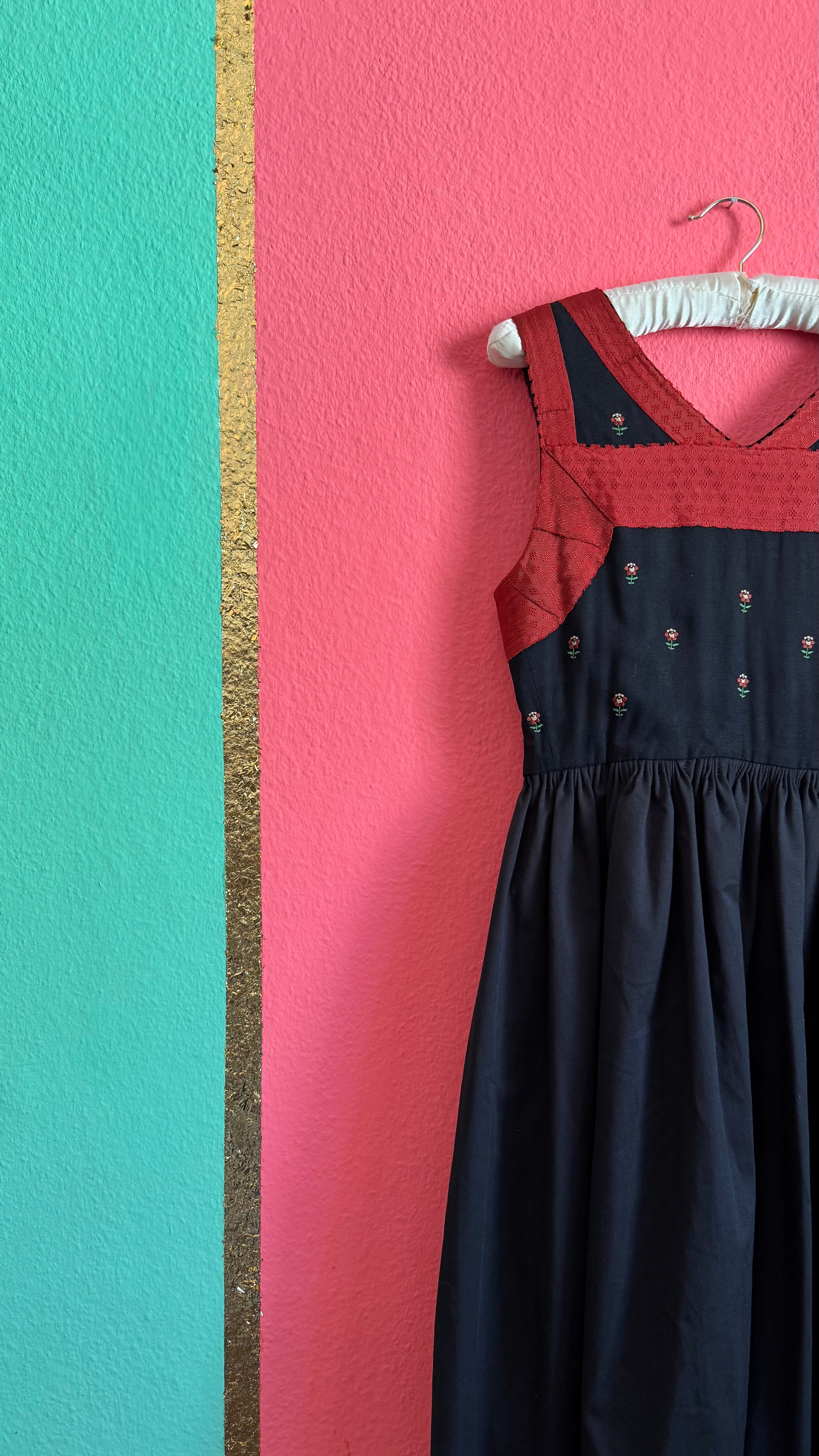 Vintage 1970s Black and Rust Embroidered Dirndl Dress
