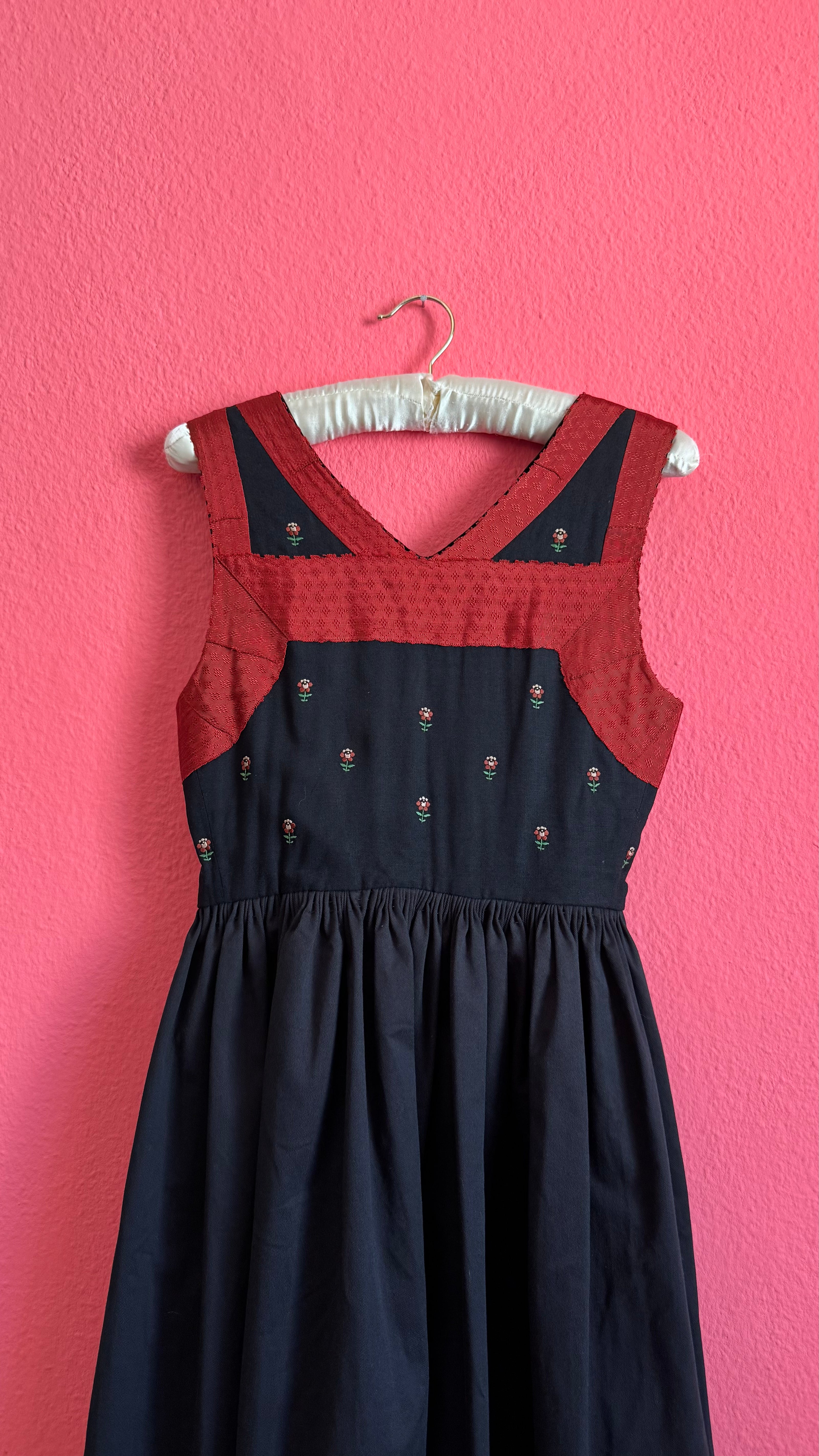 Vintage 1970s Black and Rust Embroidered Dirndl Dress