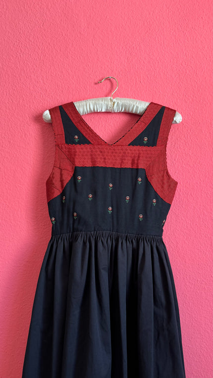 Vintage 1970s Black and Rust Embroidered Dirndl Dress