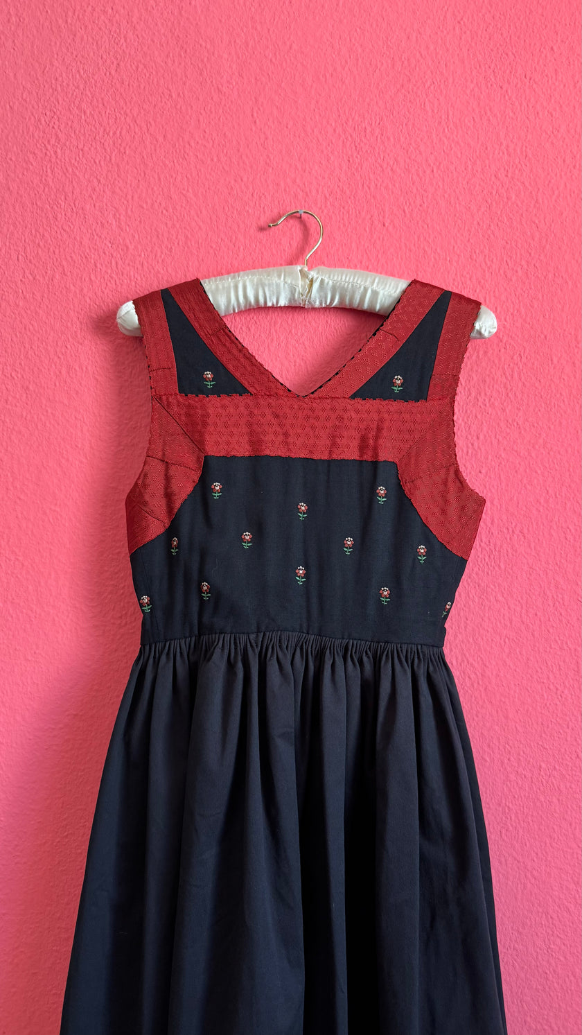 Vintage 1970s Black and Rust Embroidered Dirndl Dress