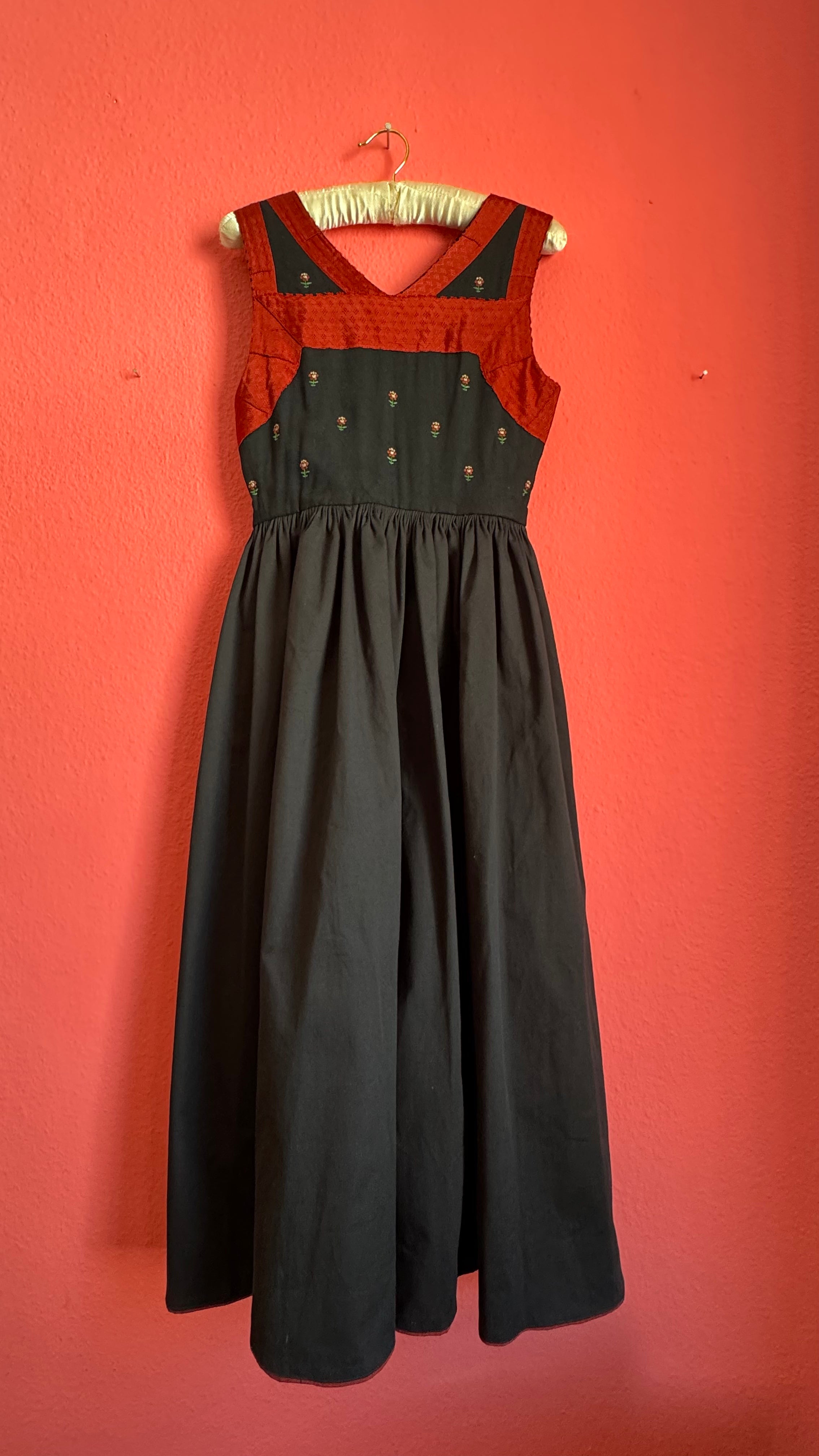 Vintage 1970s Black and Rust Embroidered Dirndl Dress