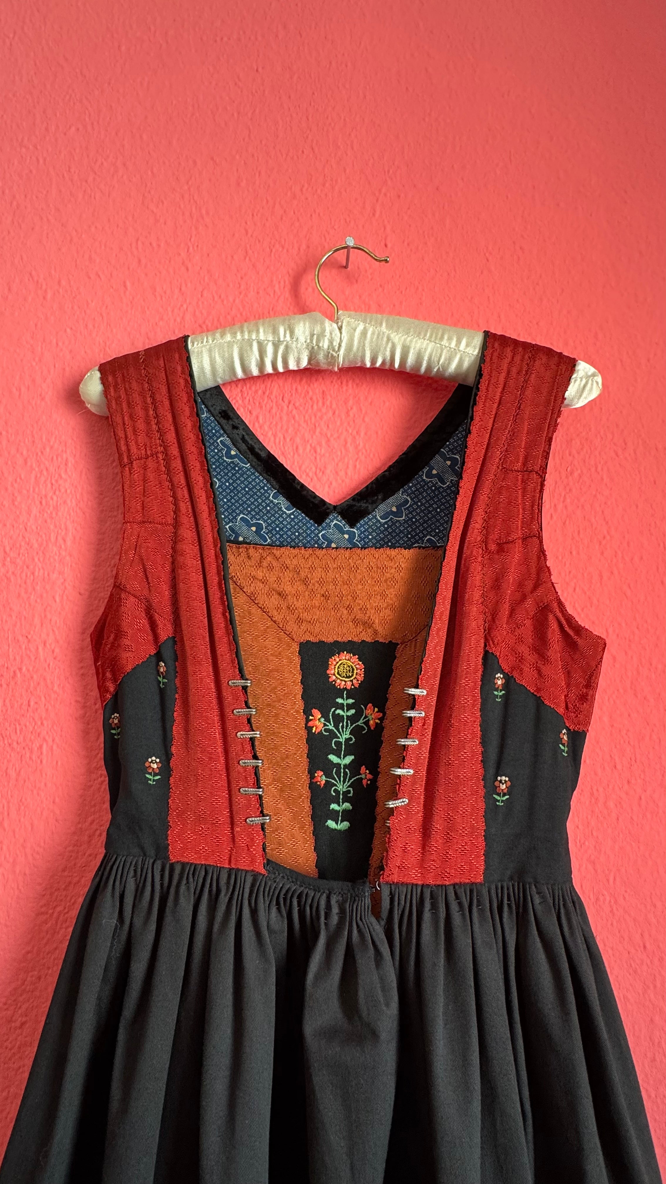 Vintage 1970s Black and Rust Embroidered Dirndl Dress