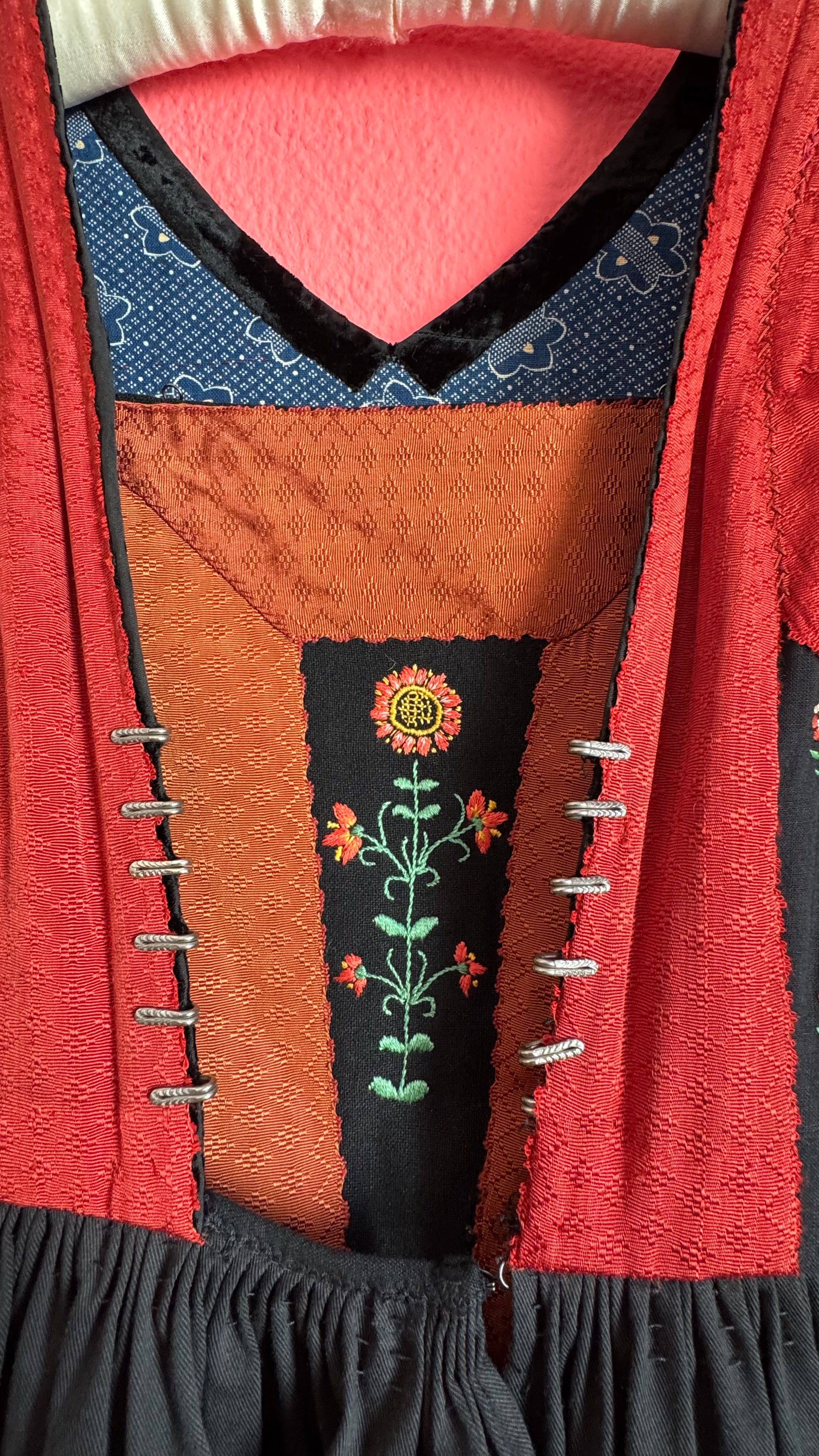 Vintage 1970s Black and Rust Embroidered Dirndl Dress