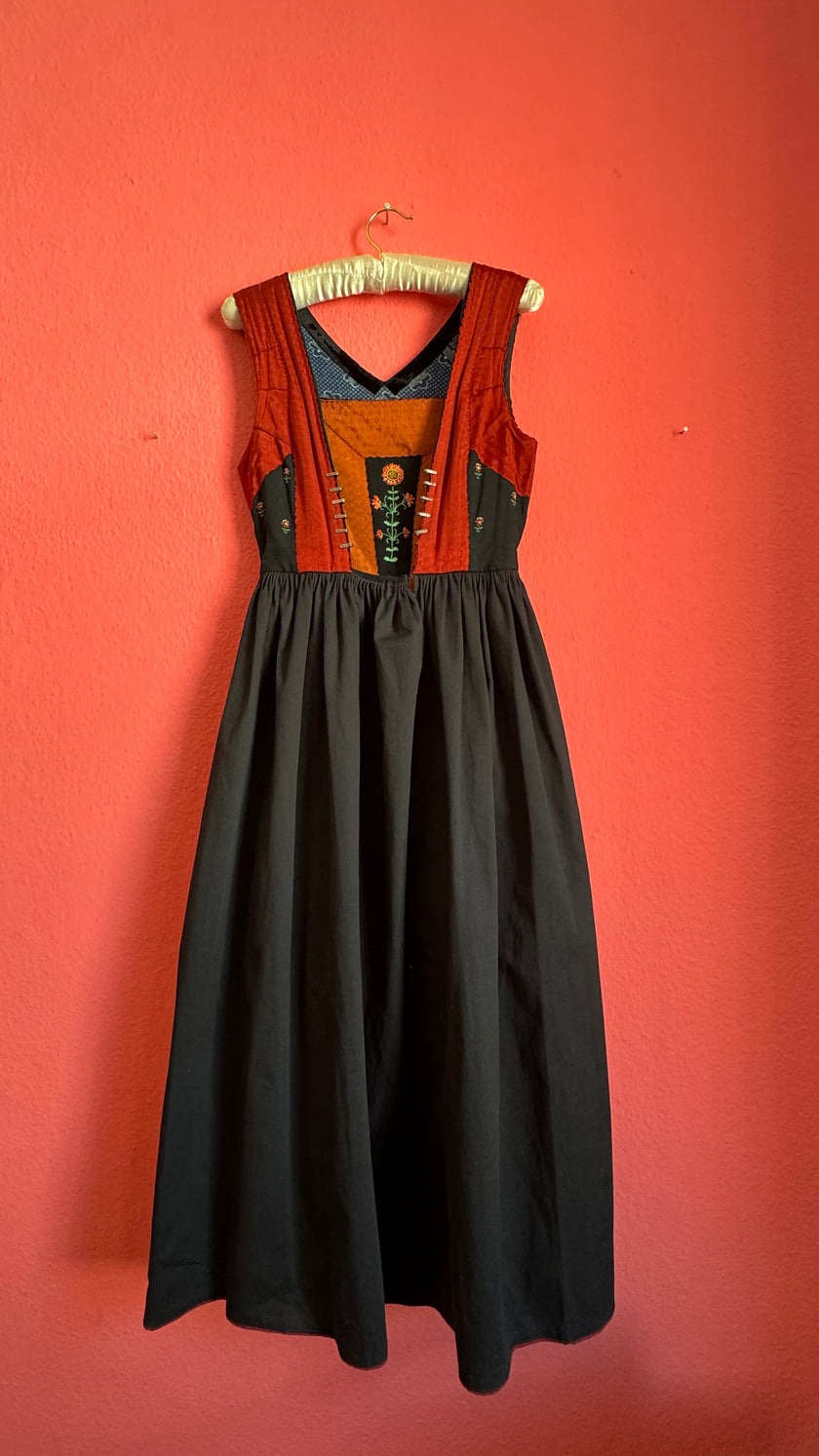 Vintage 1970s Black and Rust Embroidered Dirndl Dress