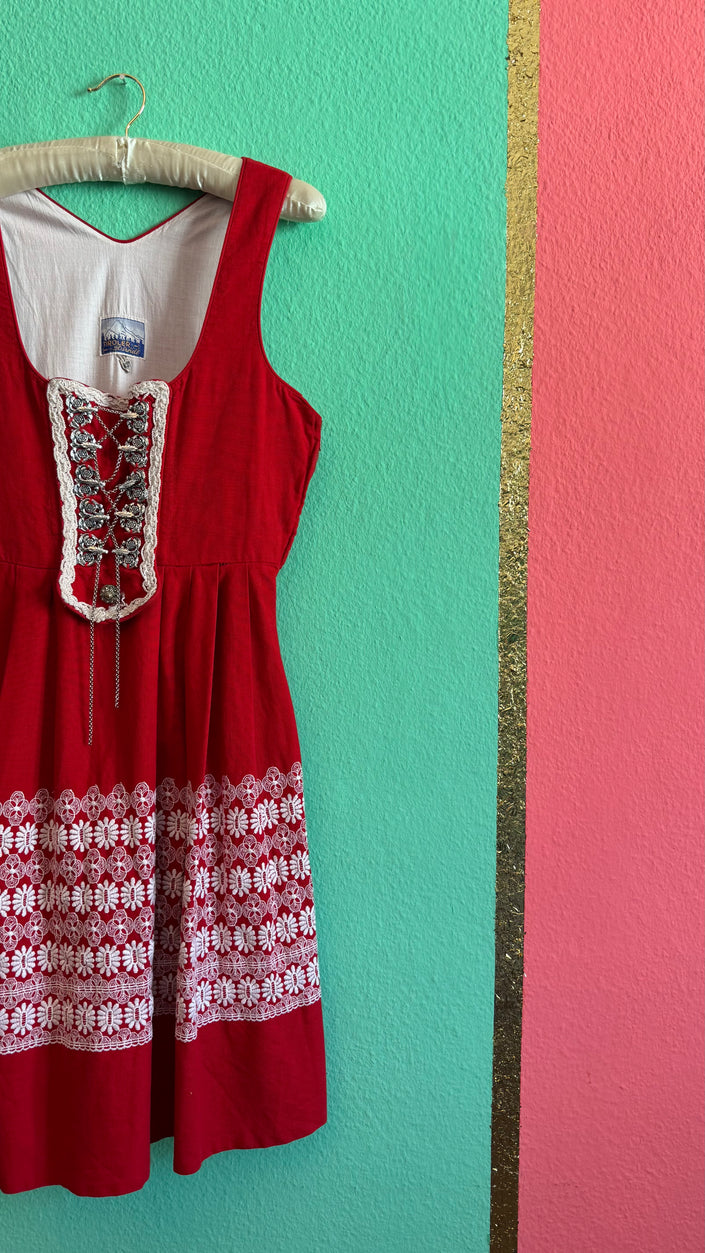Vintage 1970s Red Embroidered Dirndl Dress by Tiroler Dirndl