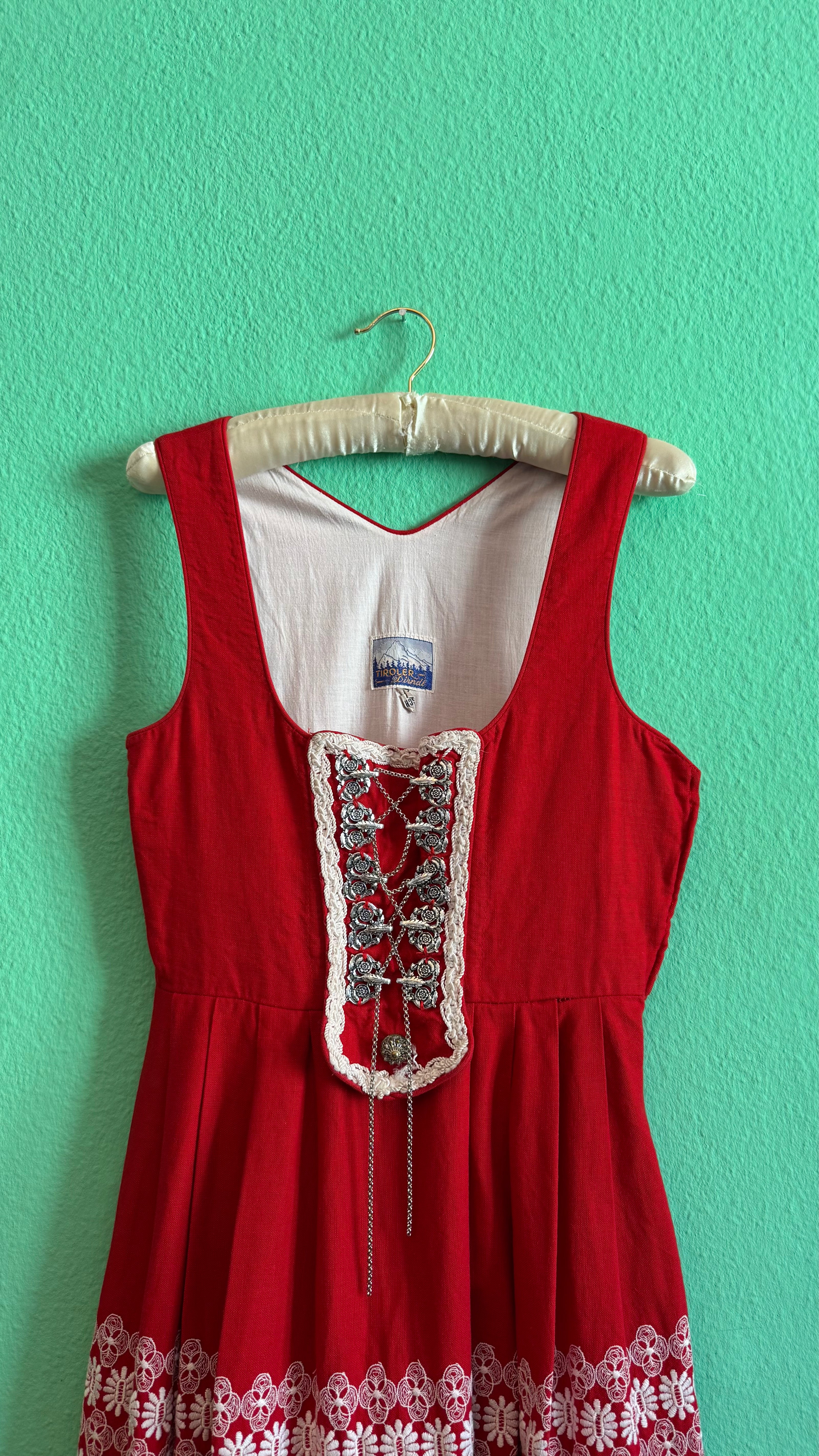 Vintage 1970s Red Embroidered Dirndl Dress by Tiroler Dirndl