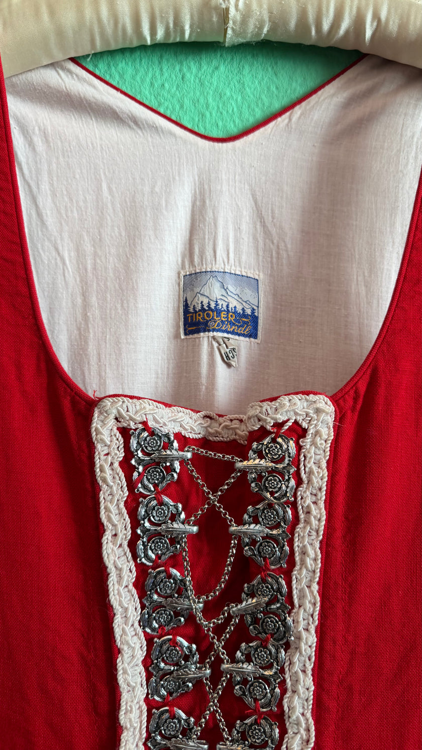 Vintage 1970s Red Embroidered Dirndl Dress by Tiroler Dirndl