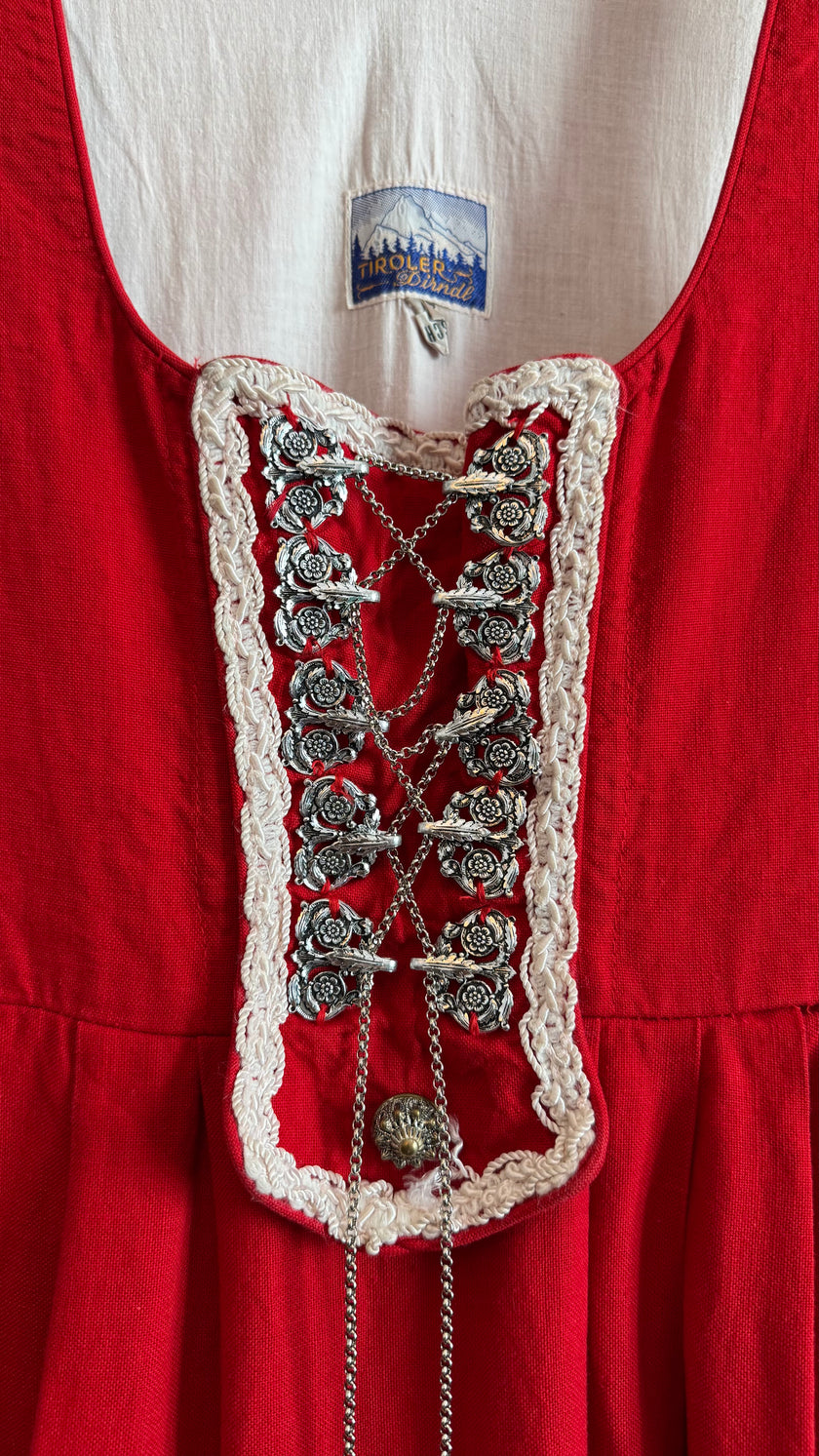 Vintage 1970s Red Embroidered Dirndl Dress by Tiroler Dirndl