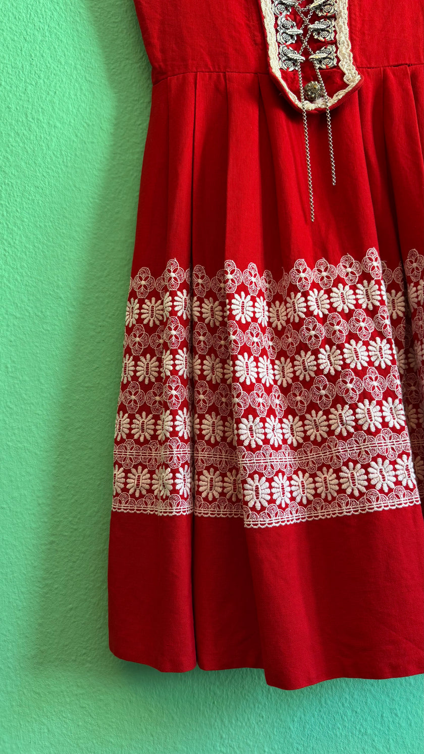 Vintage 1970s Red Embroidered Dirndl Dress by Tiroler Dirndl