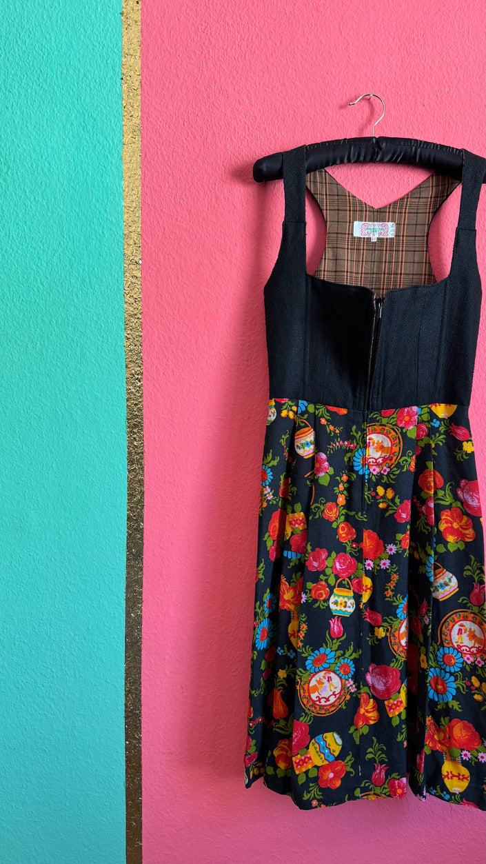 Vintage 1970s Black Floral Dirndl Dress by Wendelstein Dirndl
