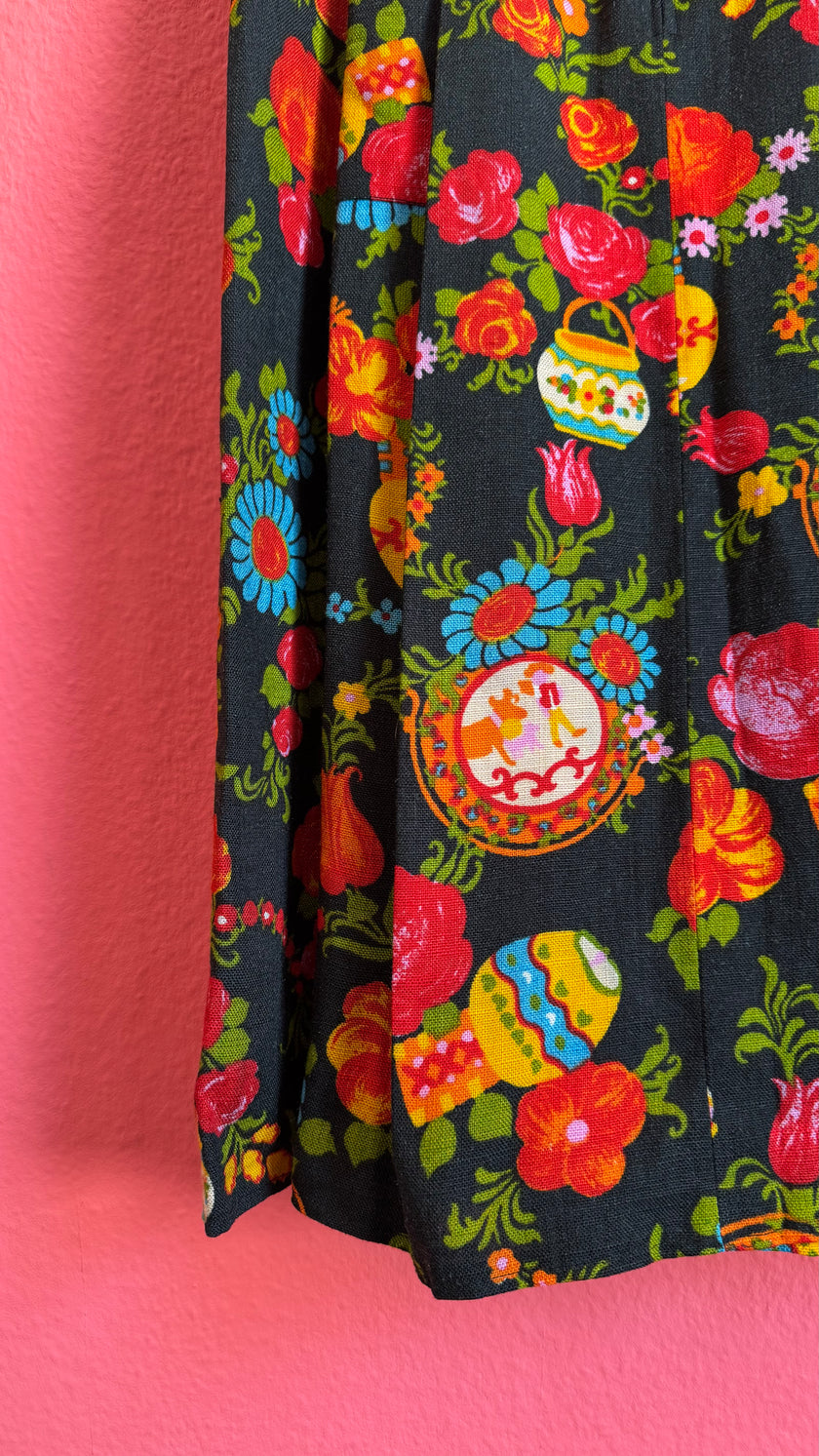 Vintage 1970s Black Floral Dirndl Dress by Wendelstein Dirndl
