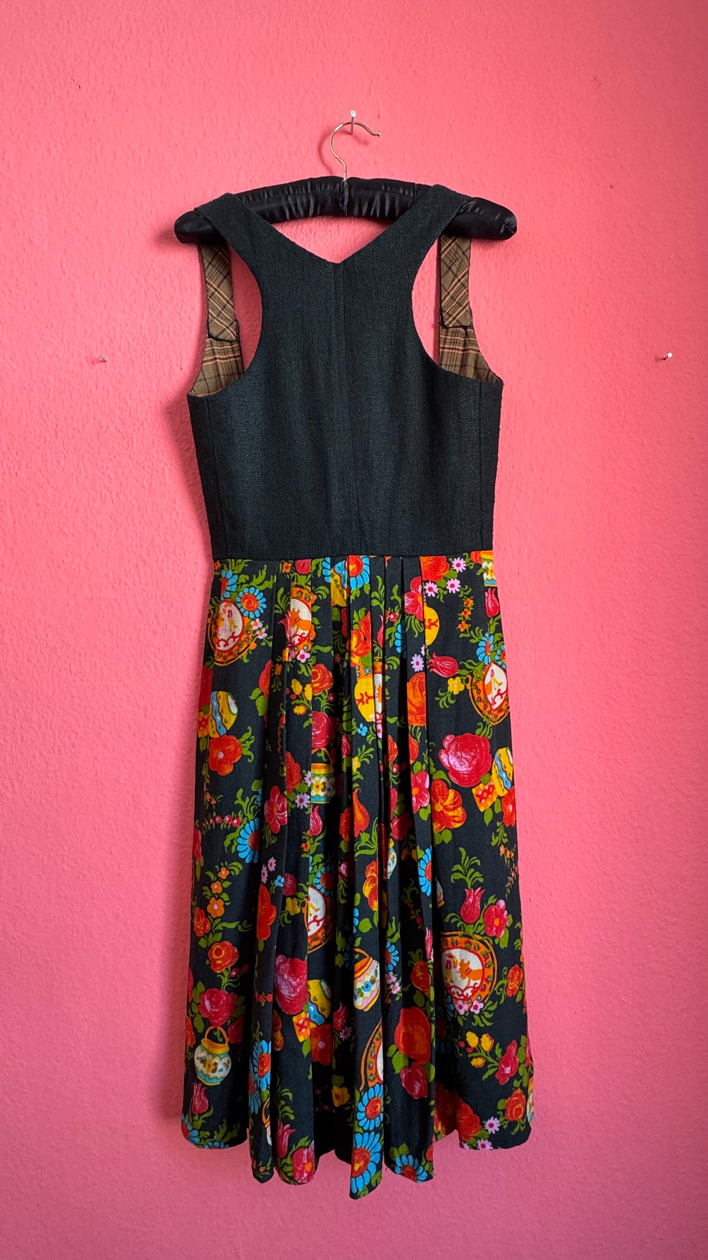 Vintage 1970s Black Floral Dirndl Dress by Wendelstein Dirndl