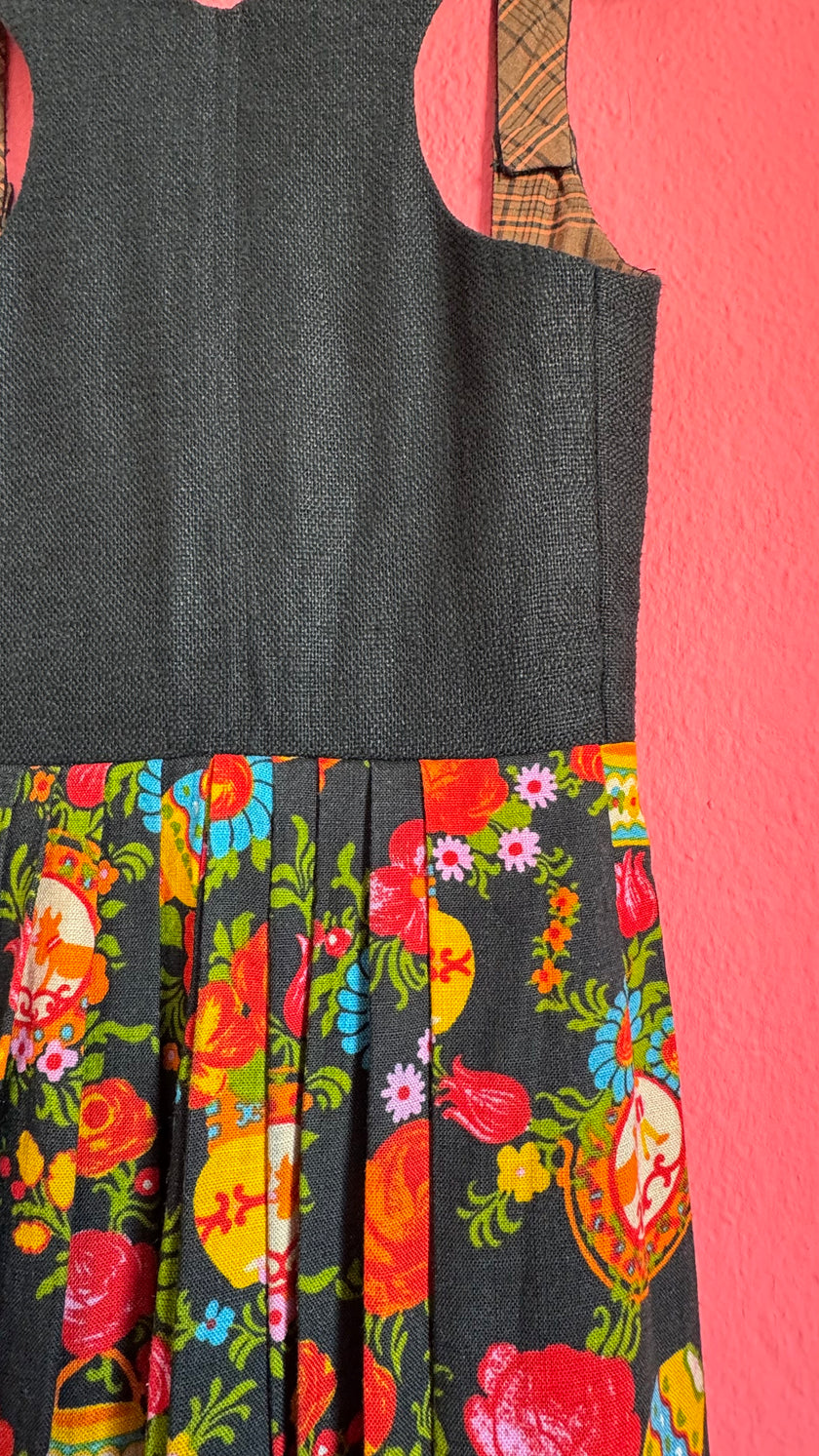 Vintage 1970s Black Floral Dirndl Dress by Wendelstein Dirndl