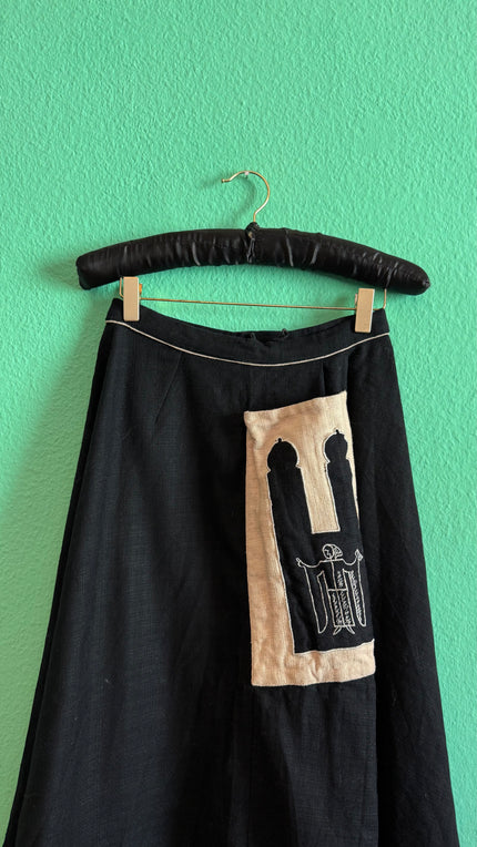 Vintage 1970s Black Munich Appliqué Midi Skirt