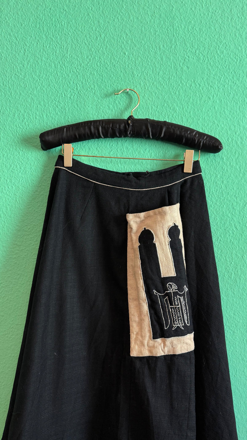 Vintage 1970s Black Munich Appliqué Midi Skirt