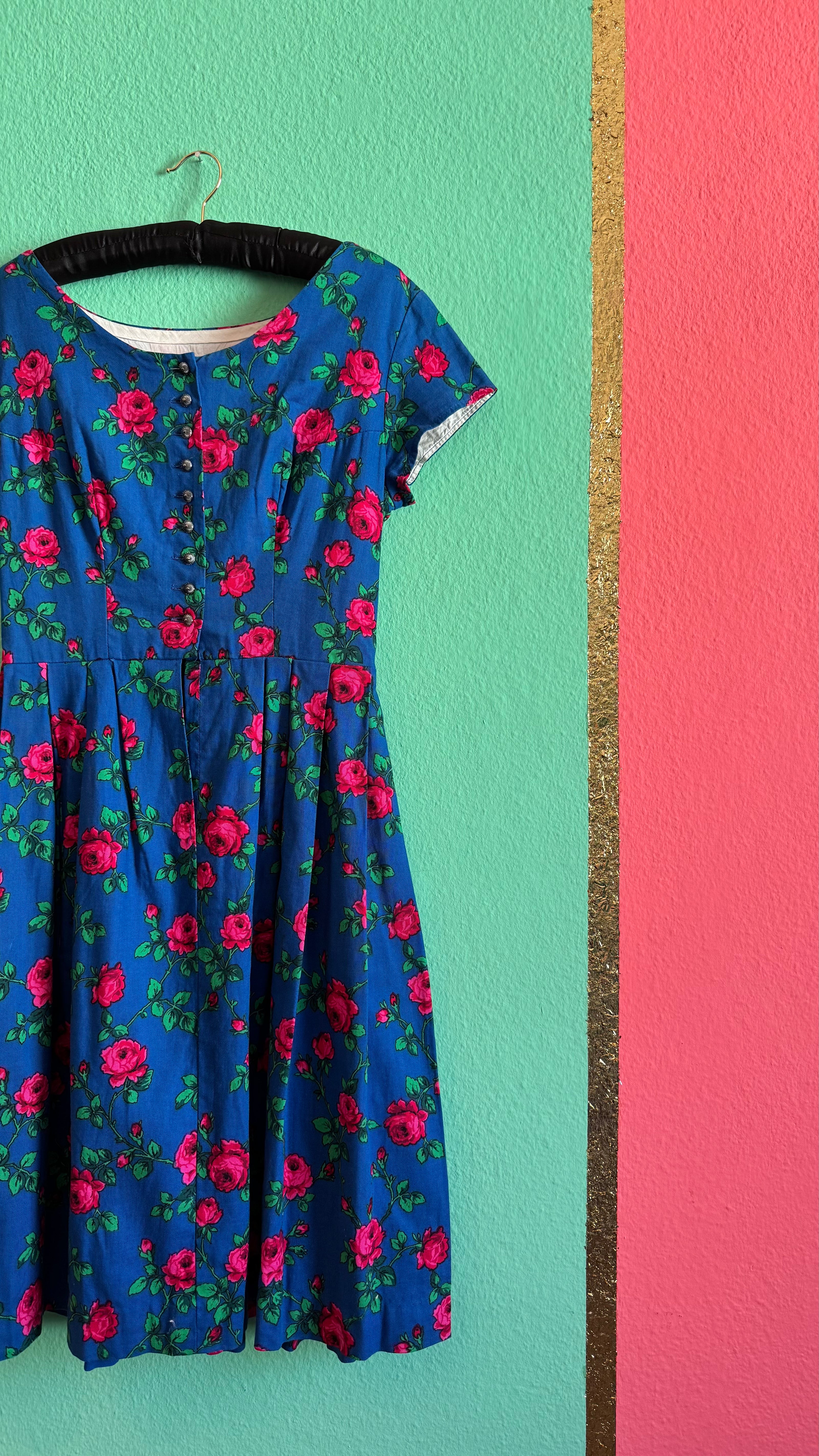 Vintage 1970s Blue Rose Print Tracht Dress by Johanna Rappel