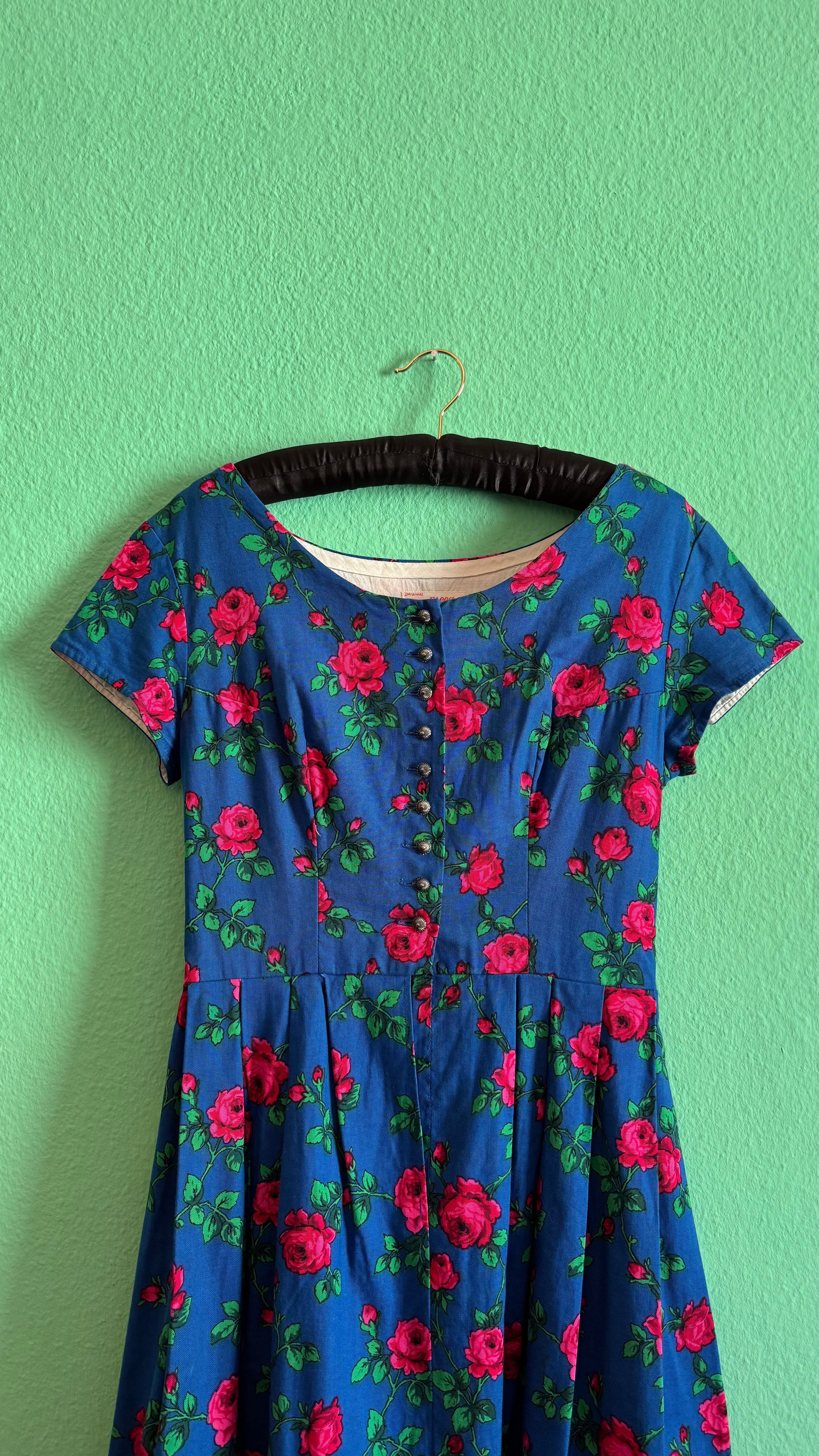 Vintage 1970s Blue Rose Print Tracht Dress by Johanna Rappel