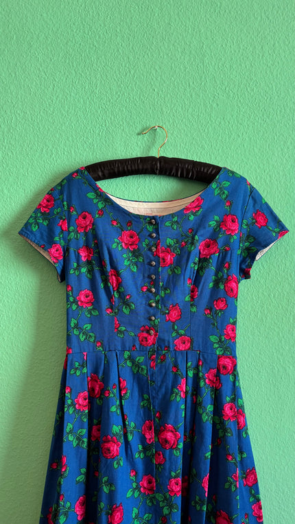 Vintage 1970s Blue Rose Print Tracht Dress by Johanna Rappel