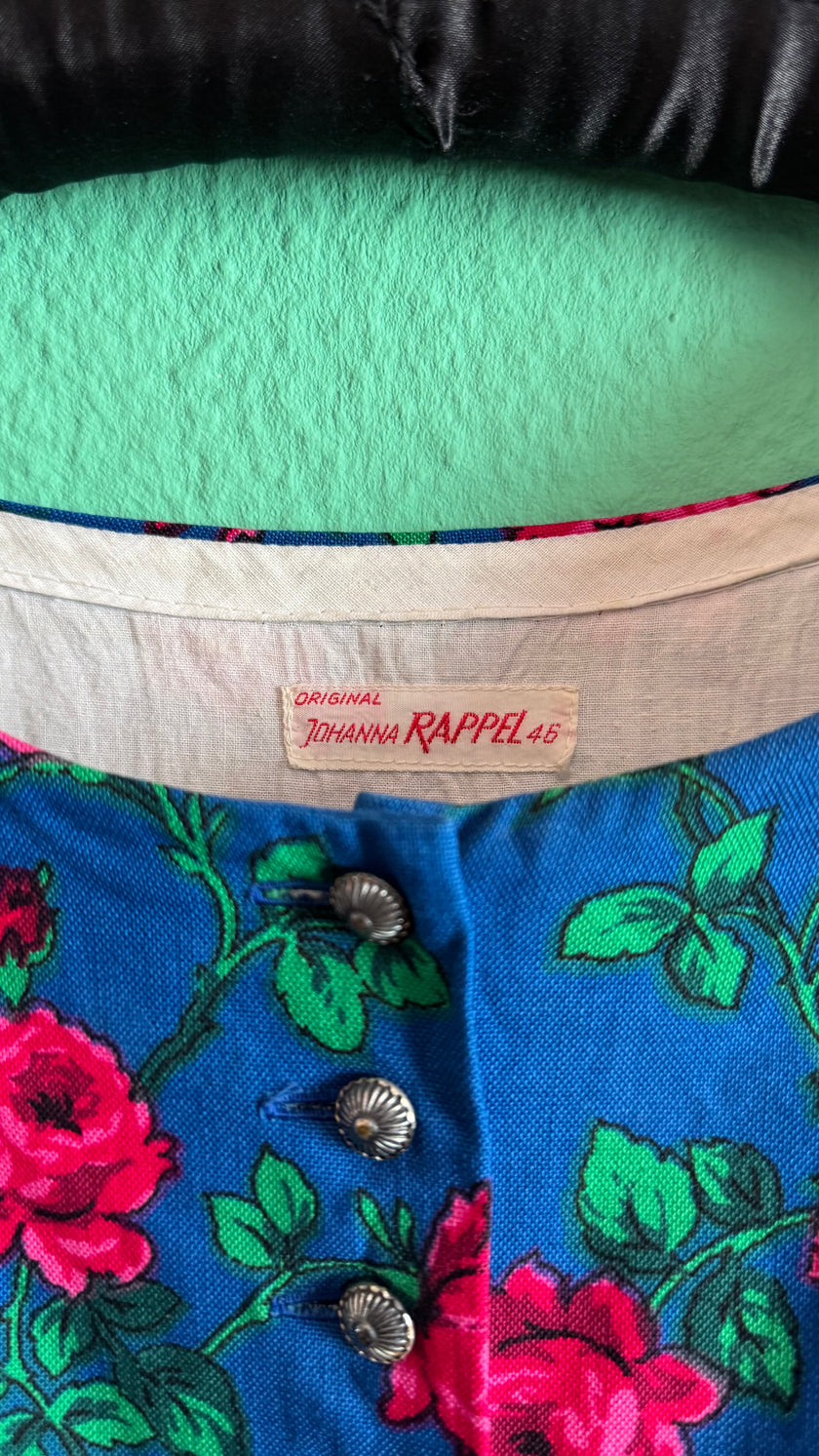 Vintage 1970s Blue Rose Print Tracht Dress by Johanna Rappel