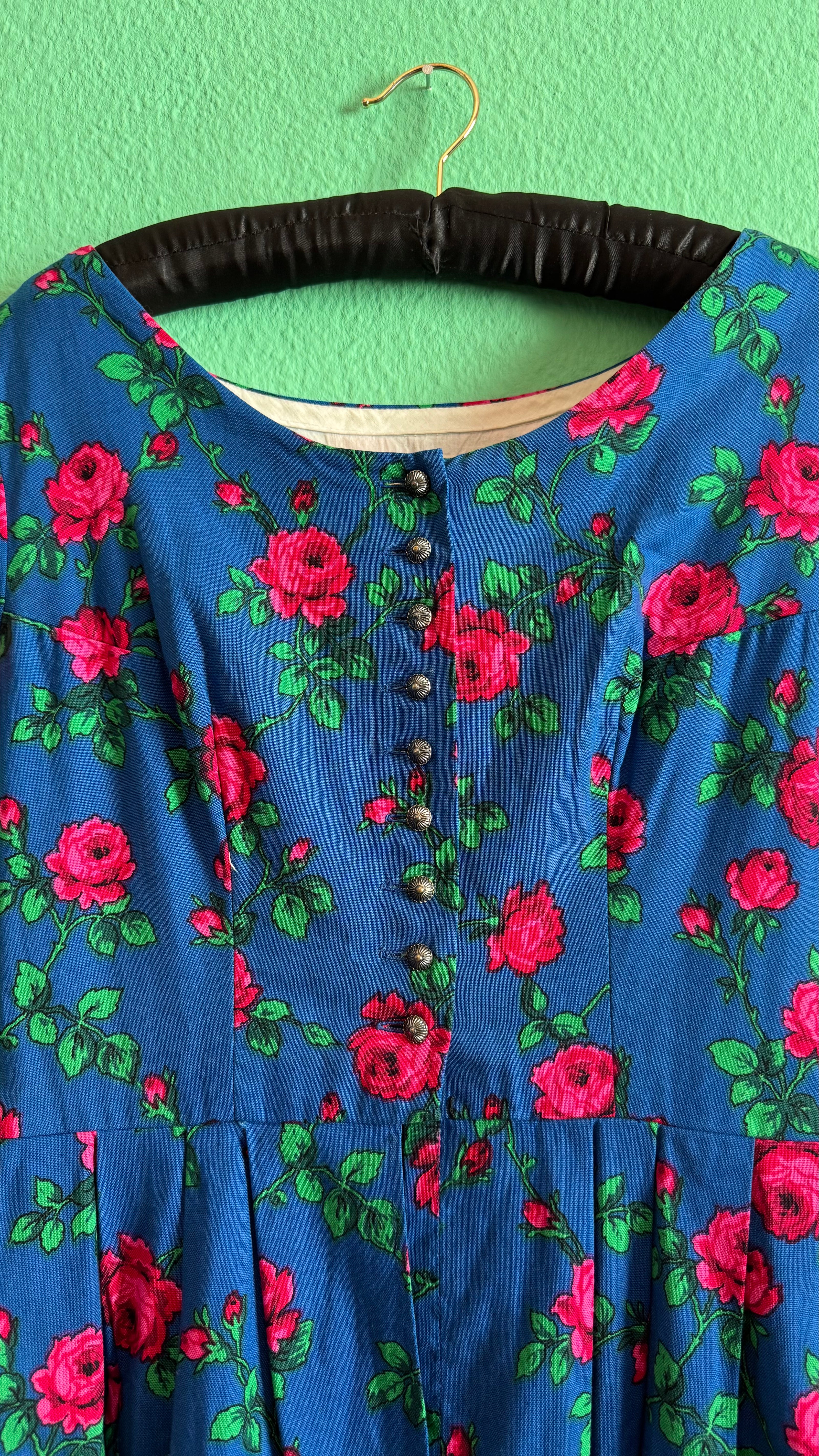 Vintage 1970s Blue Rose Print Tracht Dress by Johanna Rappel