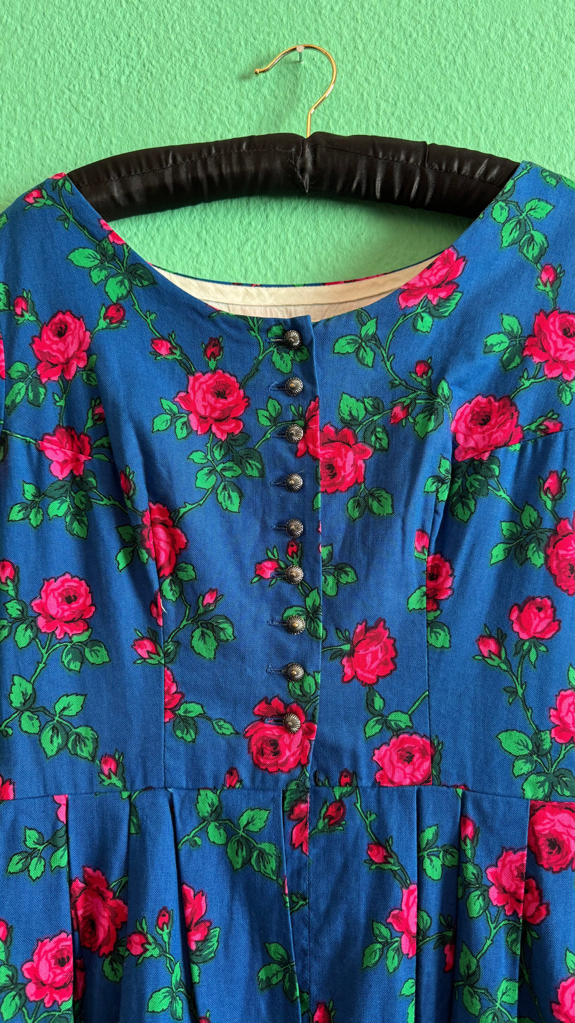 Vintage 1970s Blue Rose Print Tracht Dress by Johanna Rappel