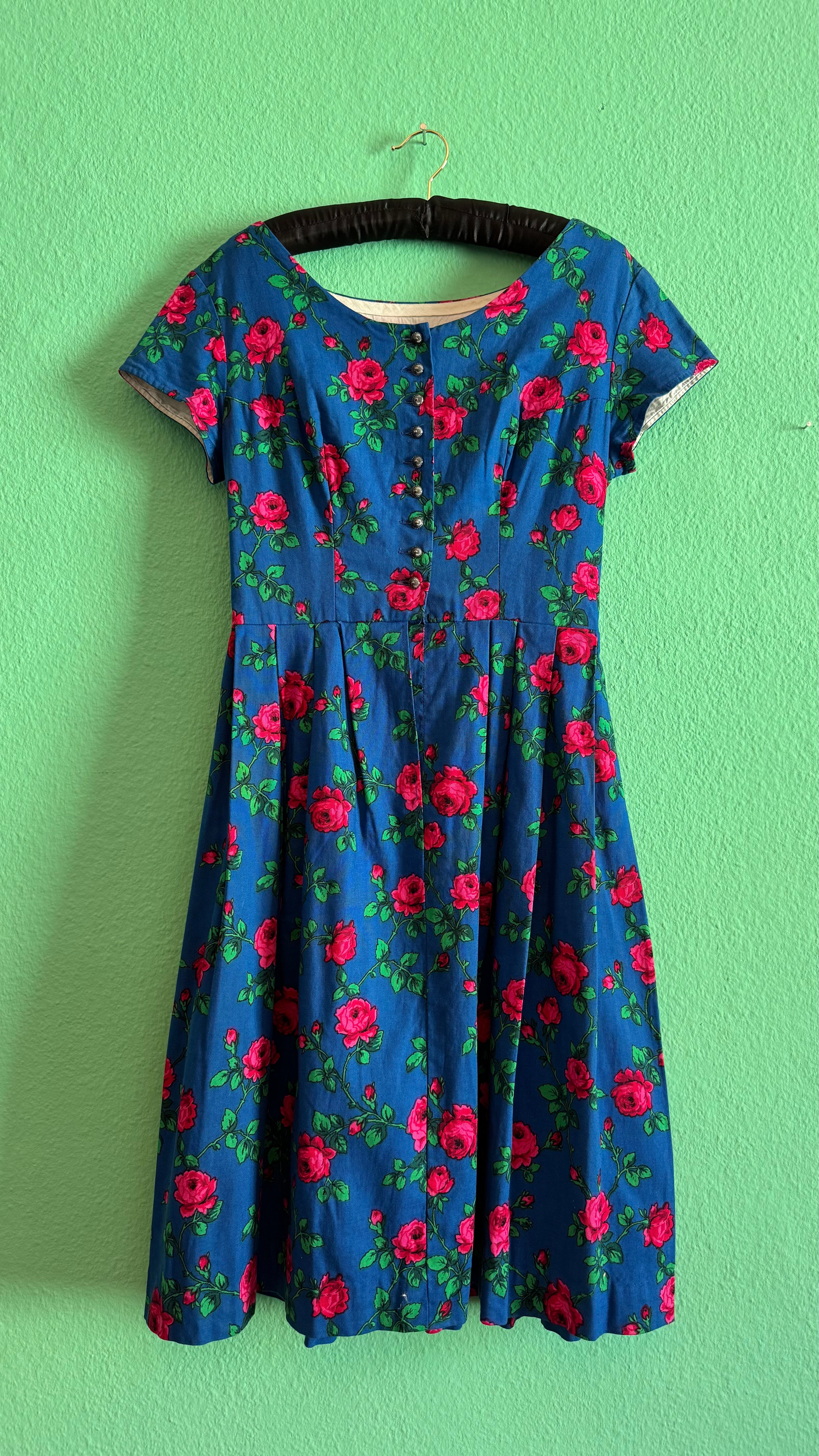 Vintage 1970s Blue Rose Print Tracht Dress by Johanna Rappel