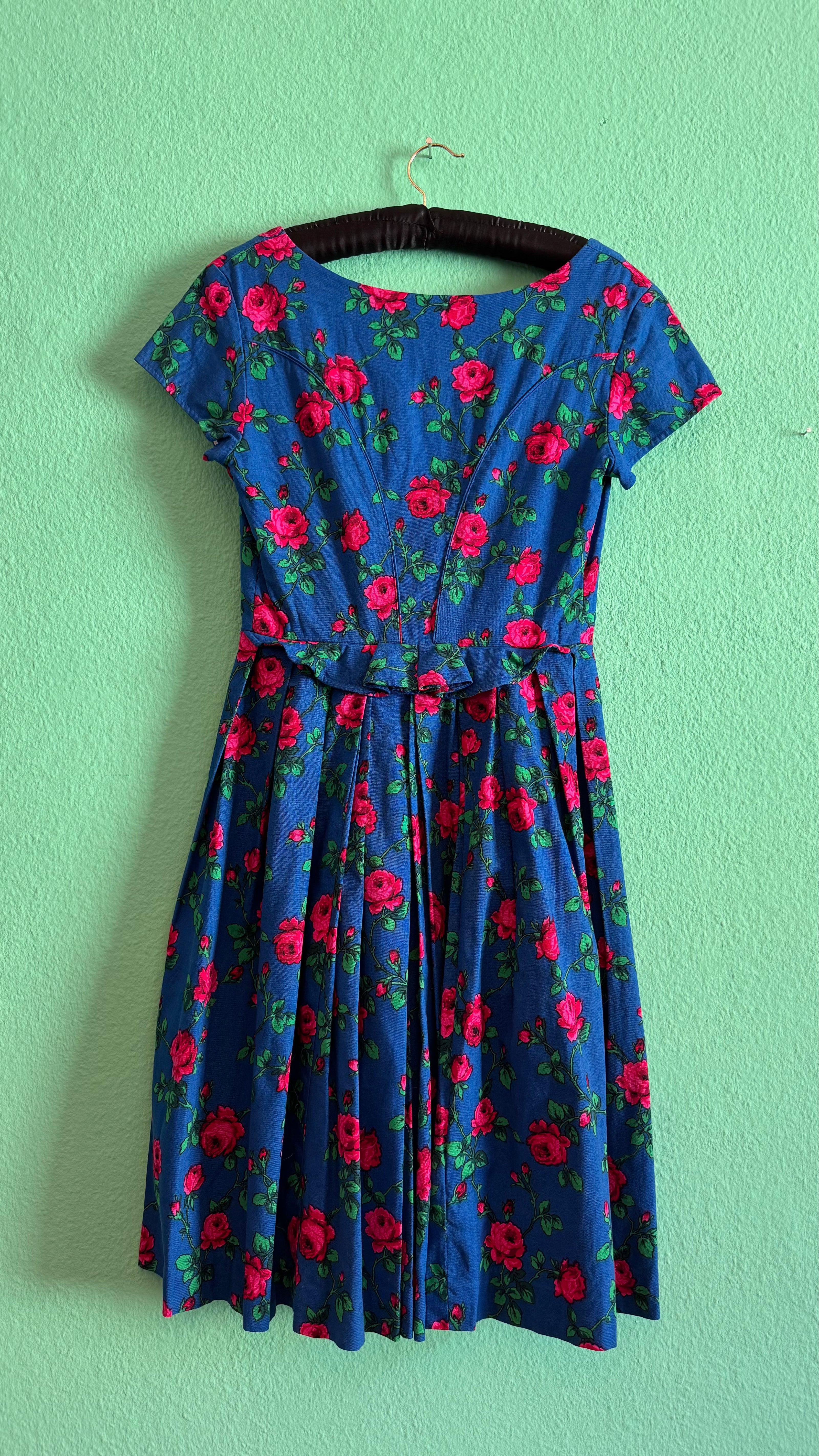 Vintage 1970s Blue Rose Print Tracht Dress by Johanna Rappel