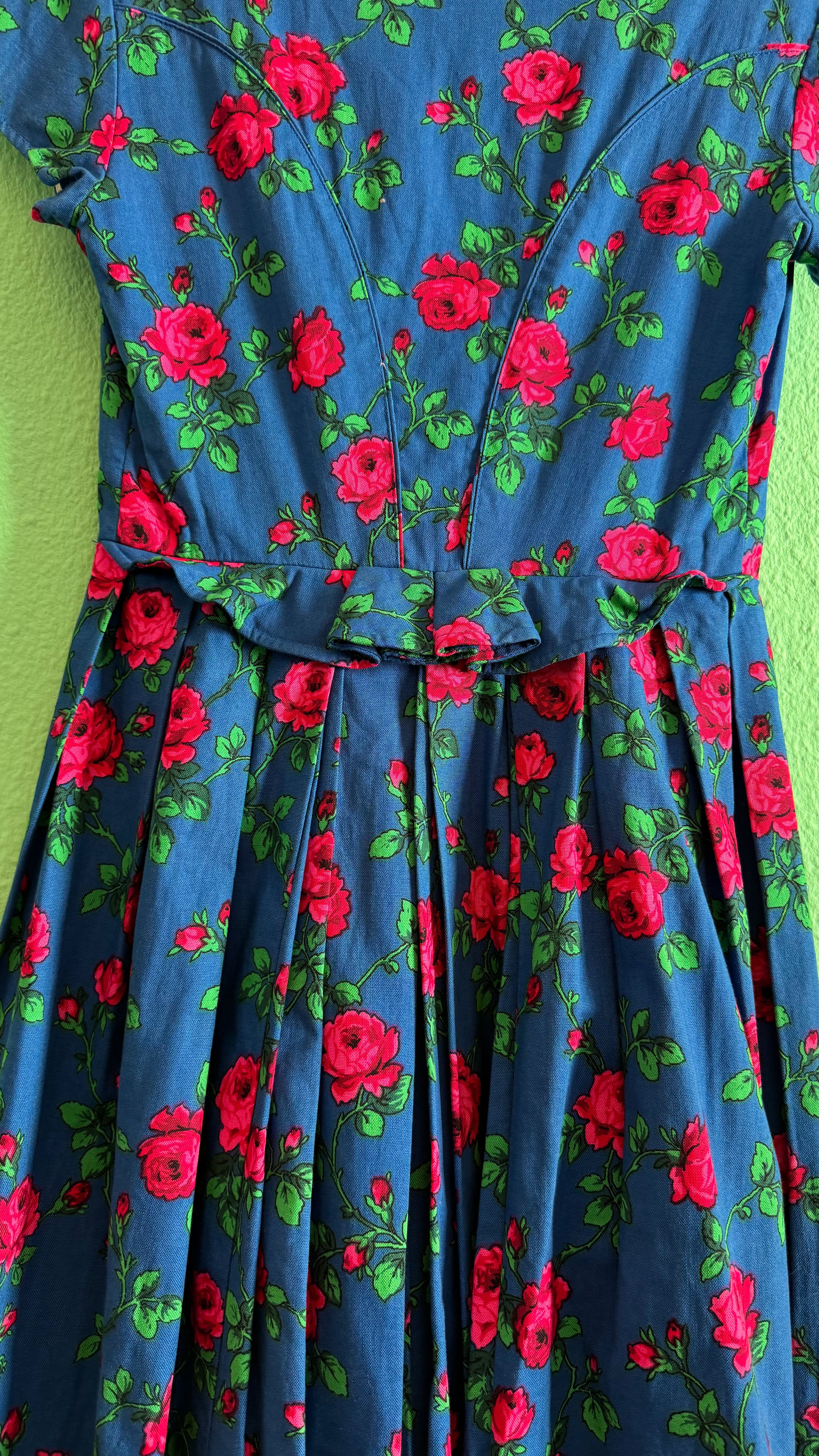 Vintage 1970s Blue Rose Print Tracht Dress by Johanna Rappel