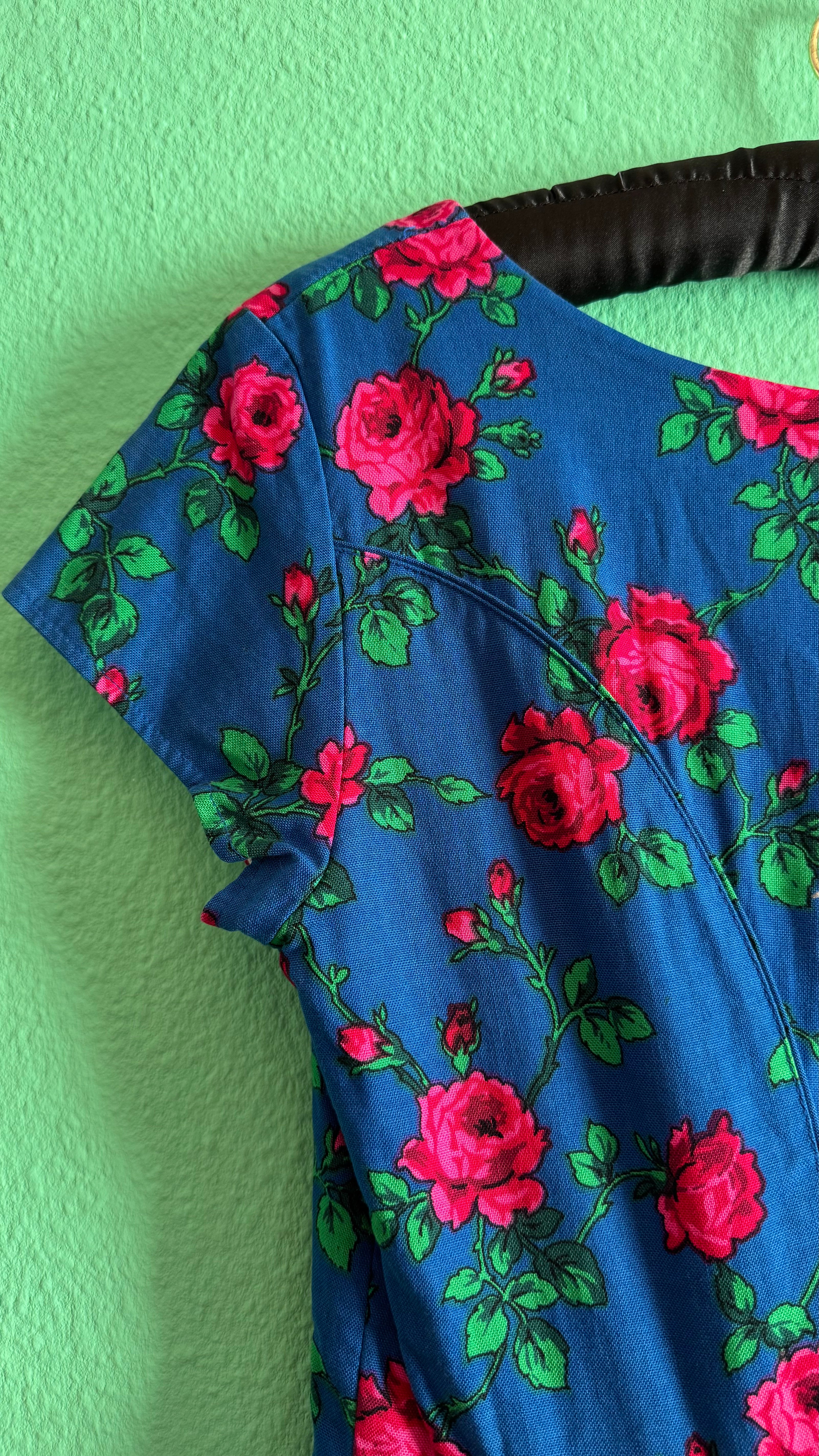 Vintage 1970s Blue Rose Print Tracht Dress by Johanna Rappel