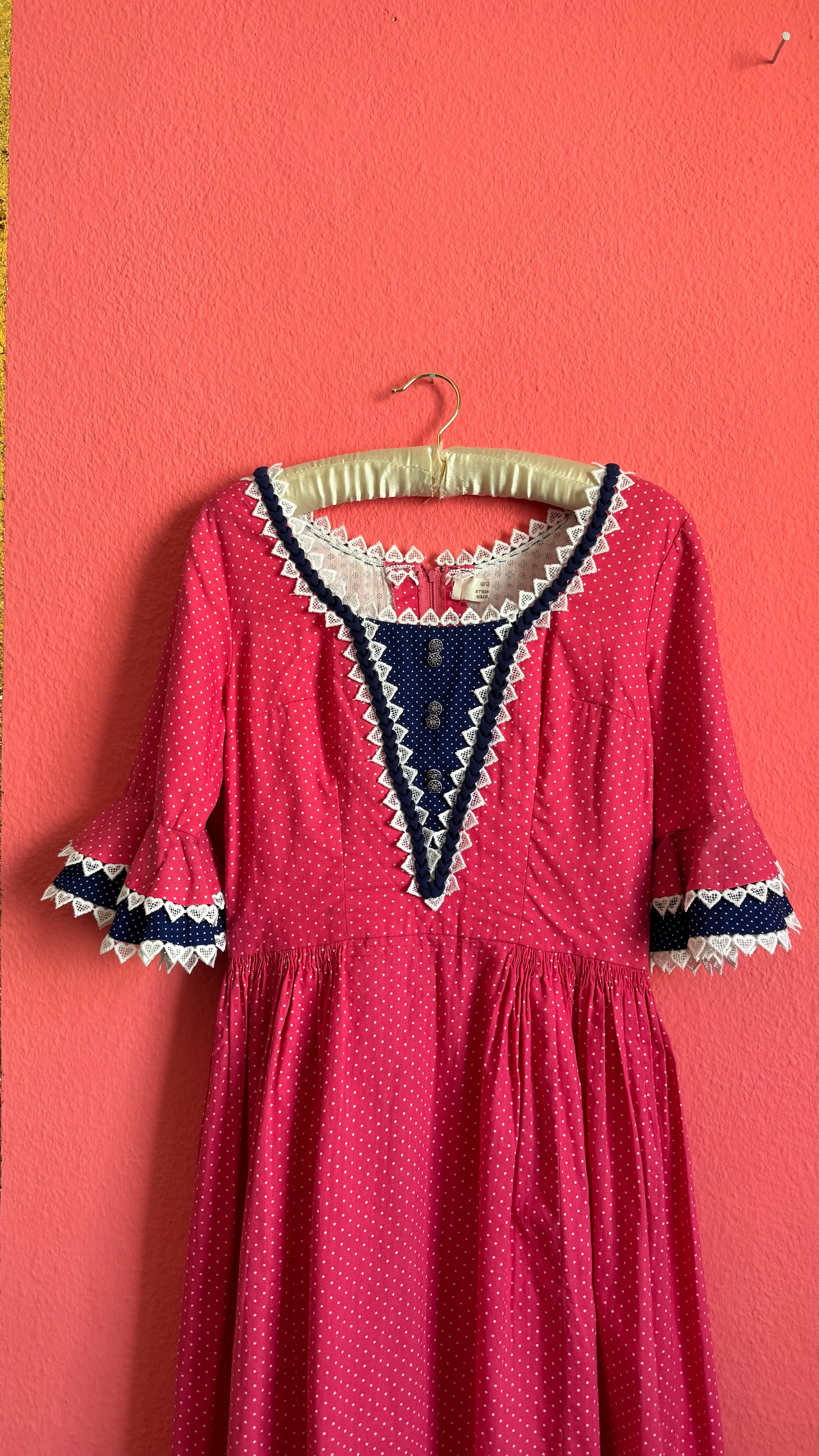 Vintage 1980s Pink Polka Dot Tracht Dress With Lace Trim