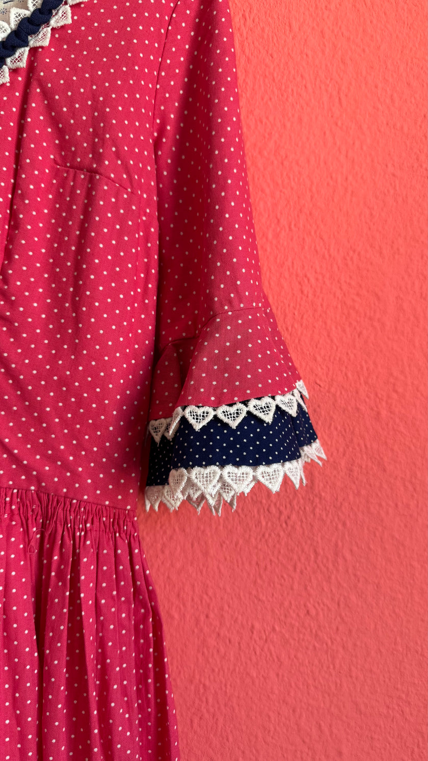 Vintage 1980s Pink Polka Dot Tracht Dress With Lace Trim