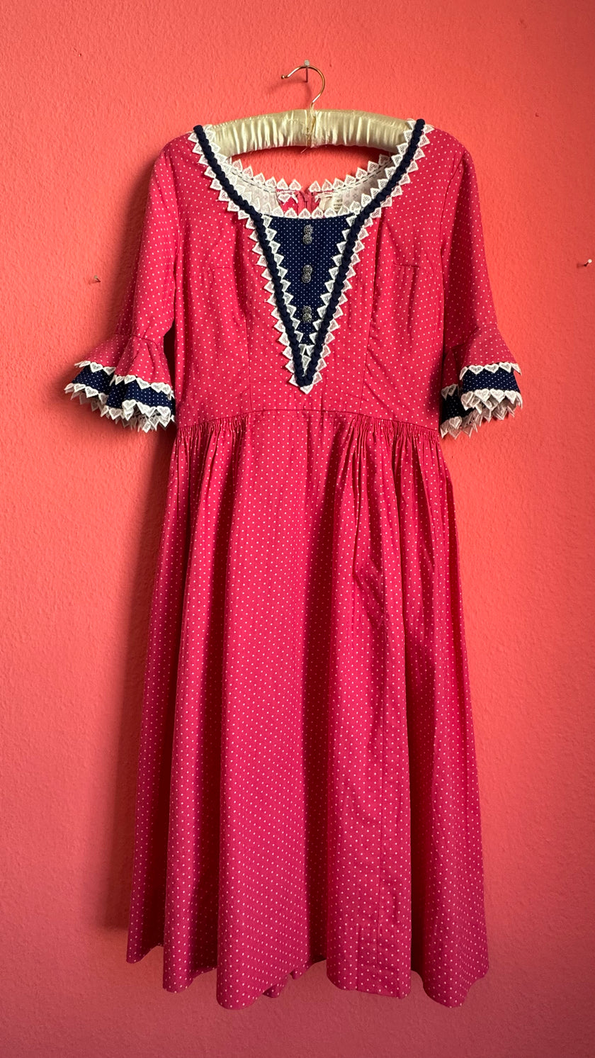 Vintage 1980s Pink Polka Dot Tracht Dress With Lace Trim