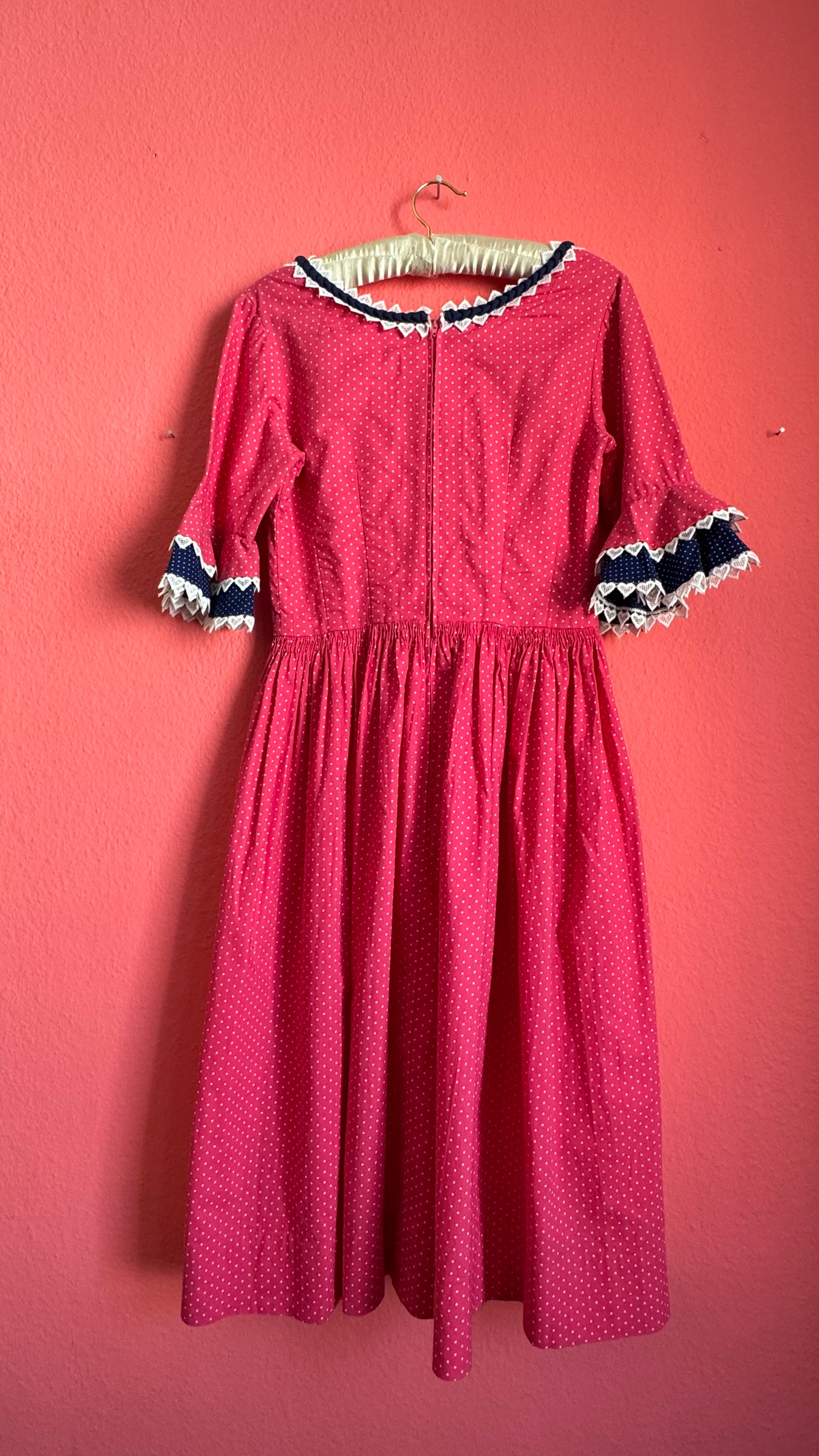 Vintage 1980s Pink Polka Dot Tracht Dress With Lace Trim
