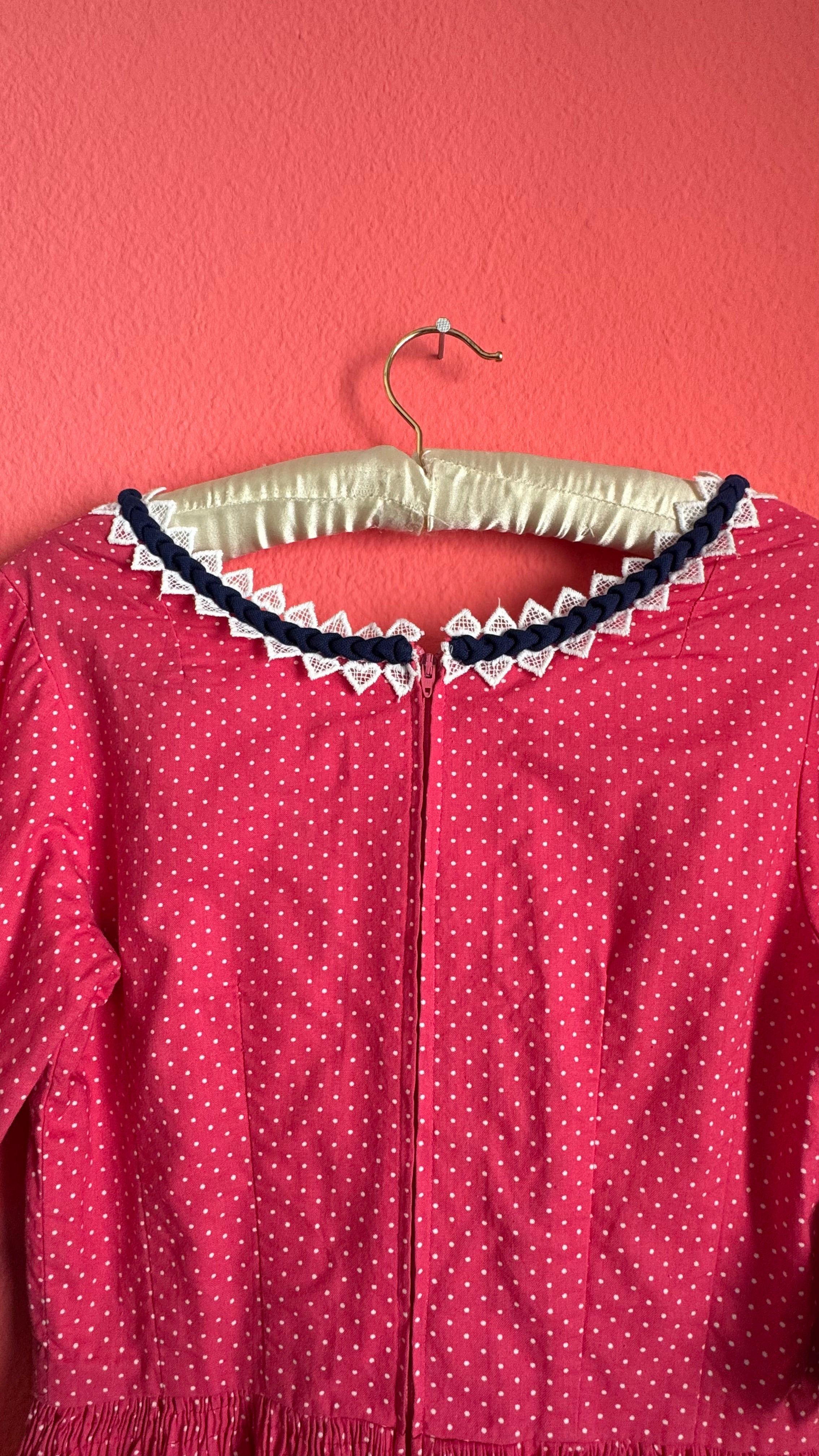 Vintage 1980s Pink Polka Dot Tracht Dress With Lace Trim
