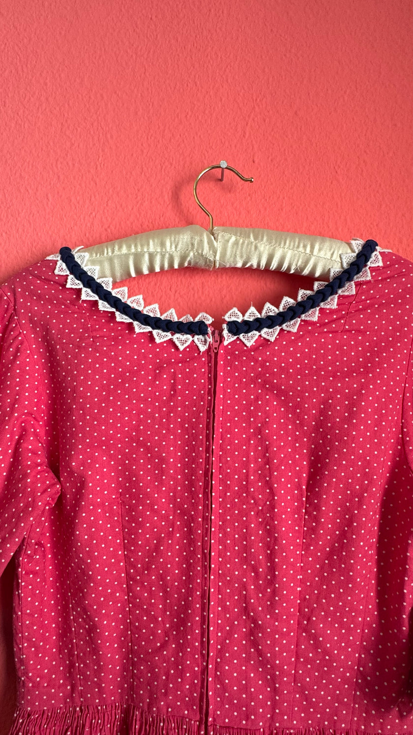 Vintage 1980s Pink Polka Dot Tracht Dress With Lace Trim