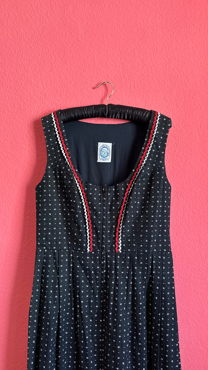 Vintage 1970s Black Floral Maxi Tracht Dress by G. Gröschel