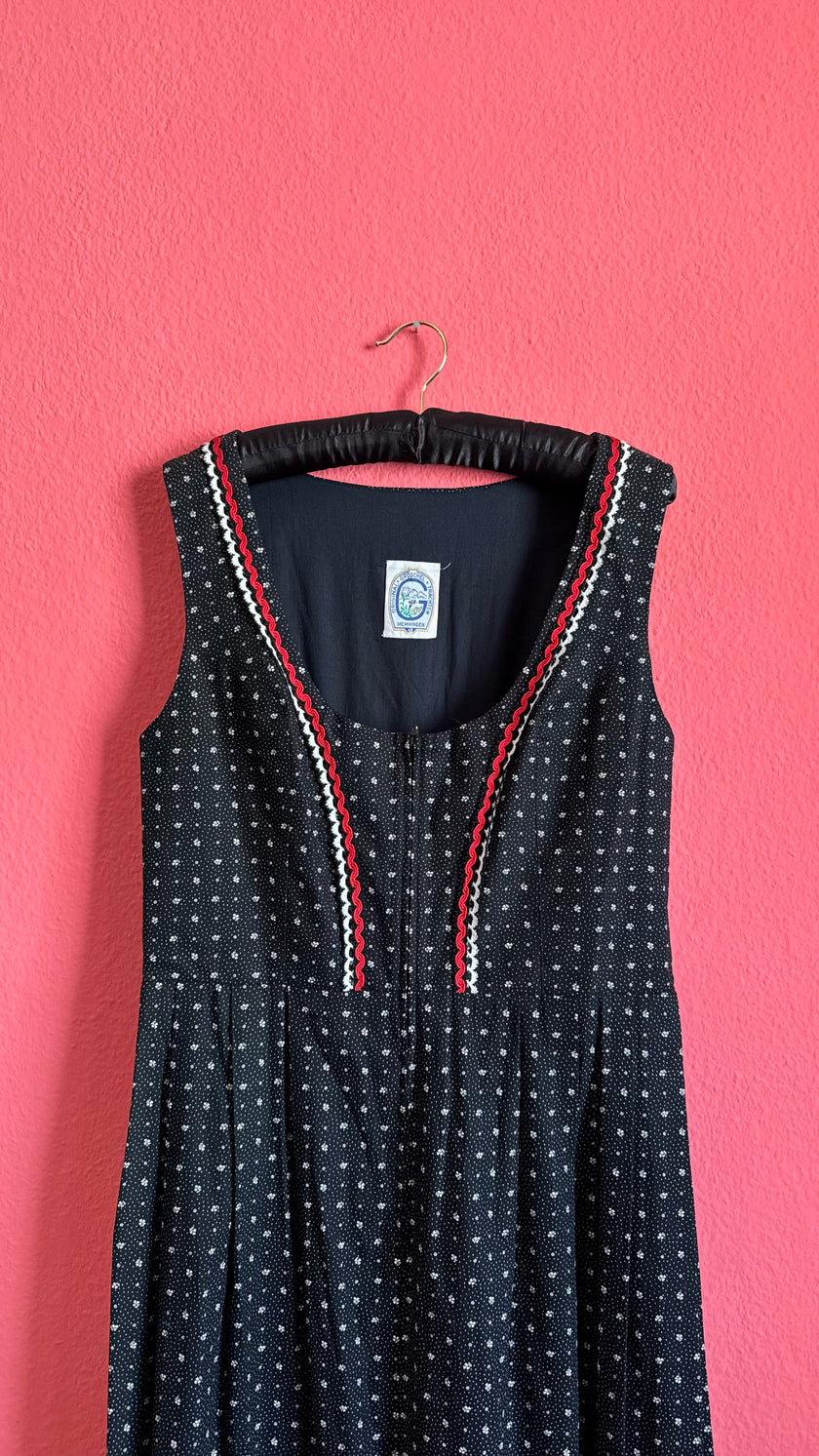 Vintage 1970s Black Floral Maxi Tracht Dress by G. Gröschel