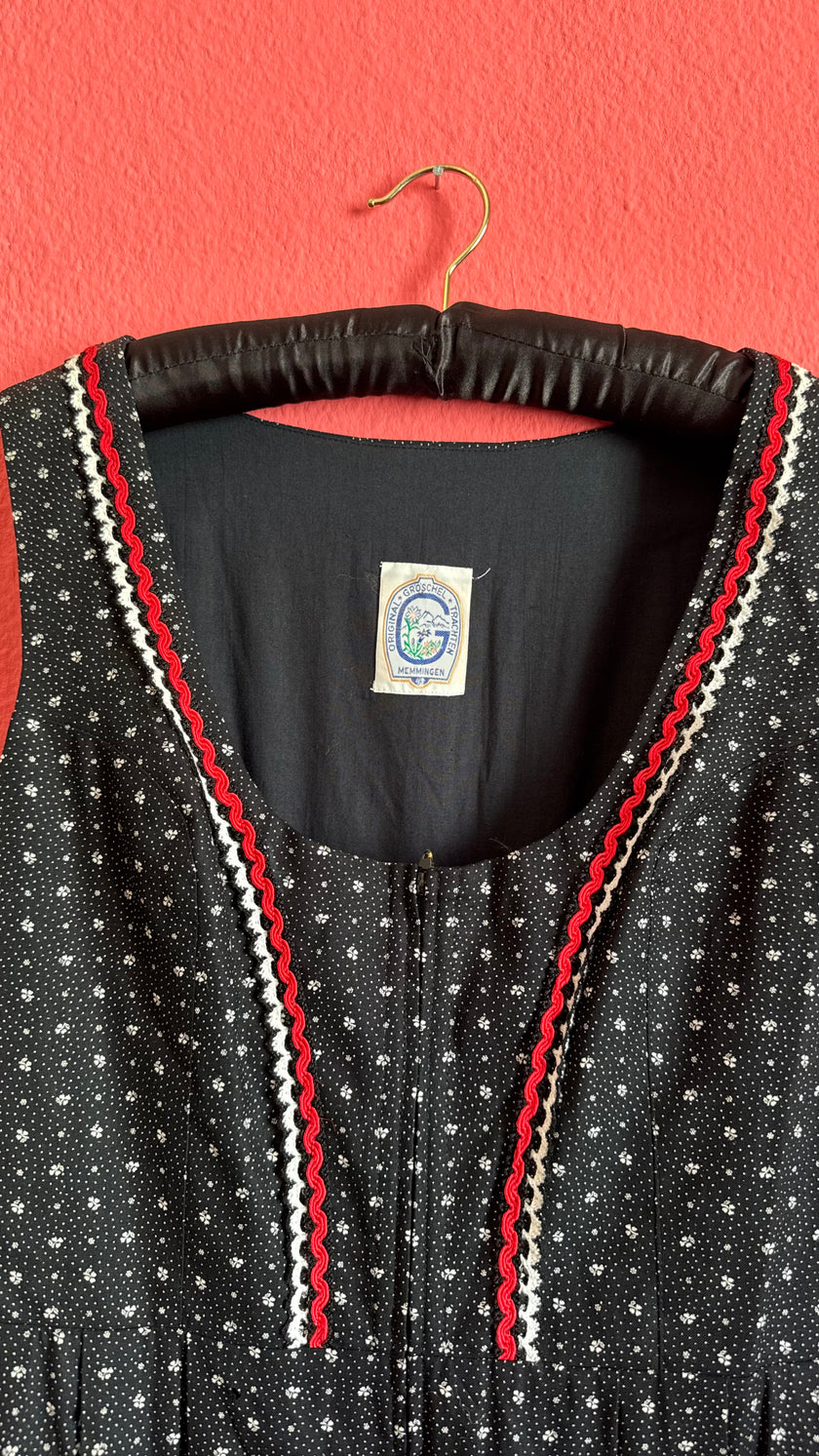 Vintage 1970s Black Floral Maxi Tracht Dress by G. Gröschel