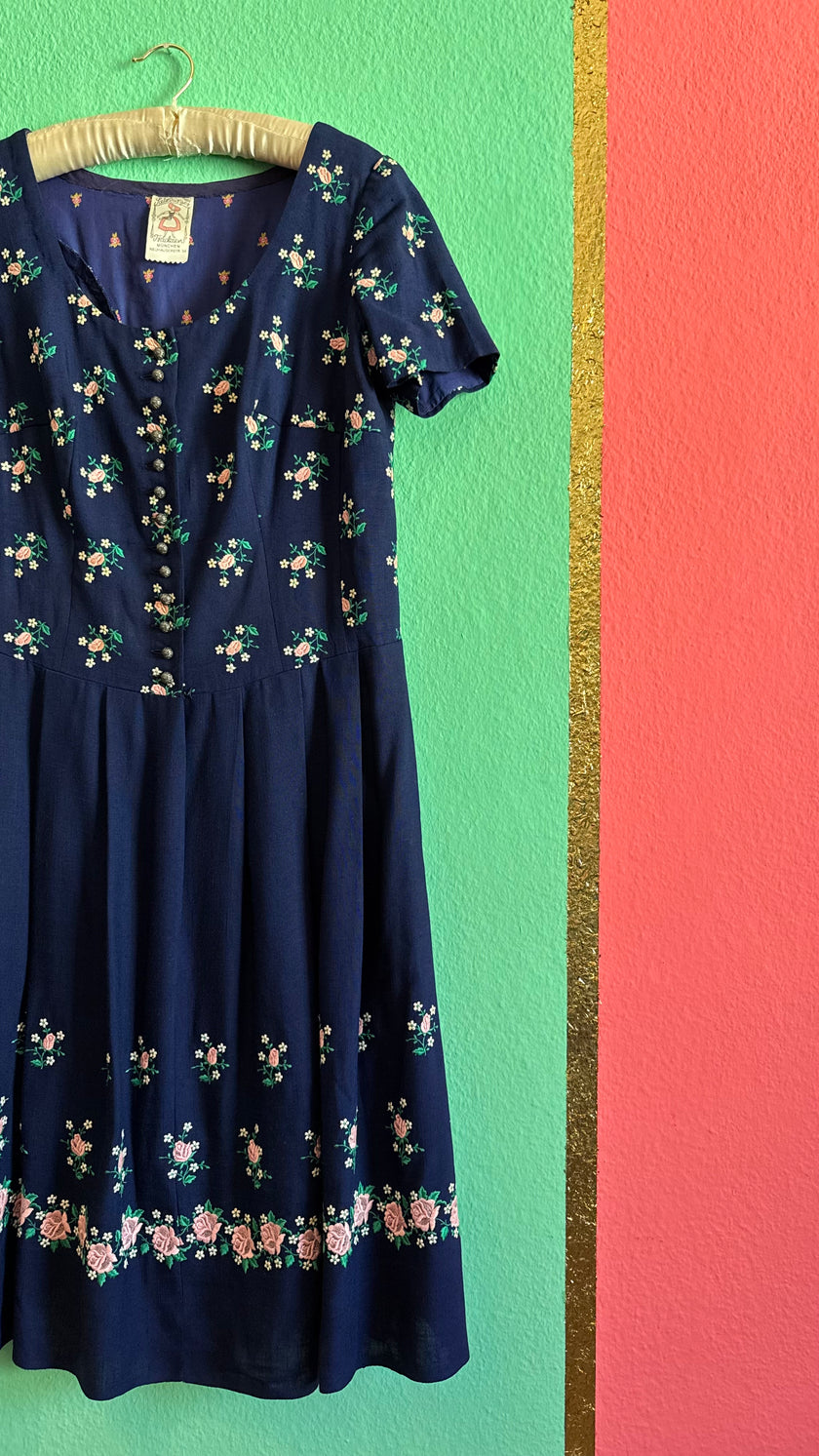 Vintage 1980s Navy Floral Dirndl Dress by Salzburger Trachten