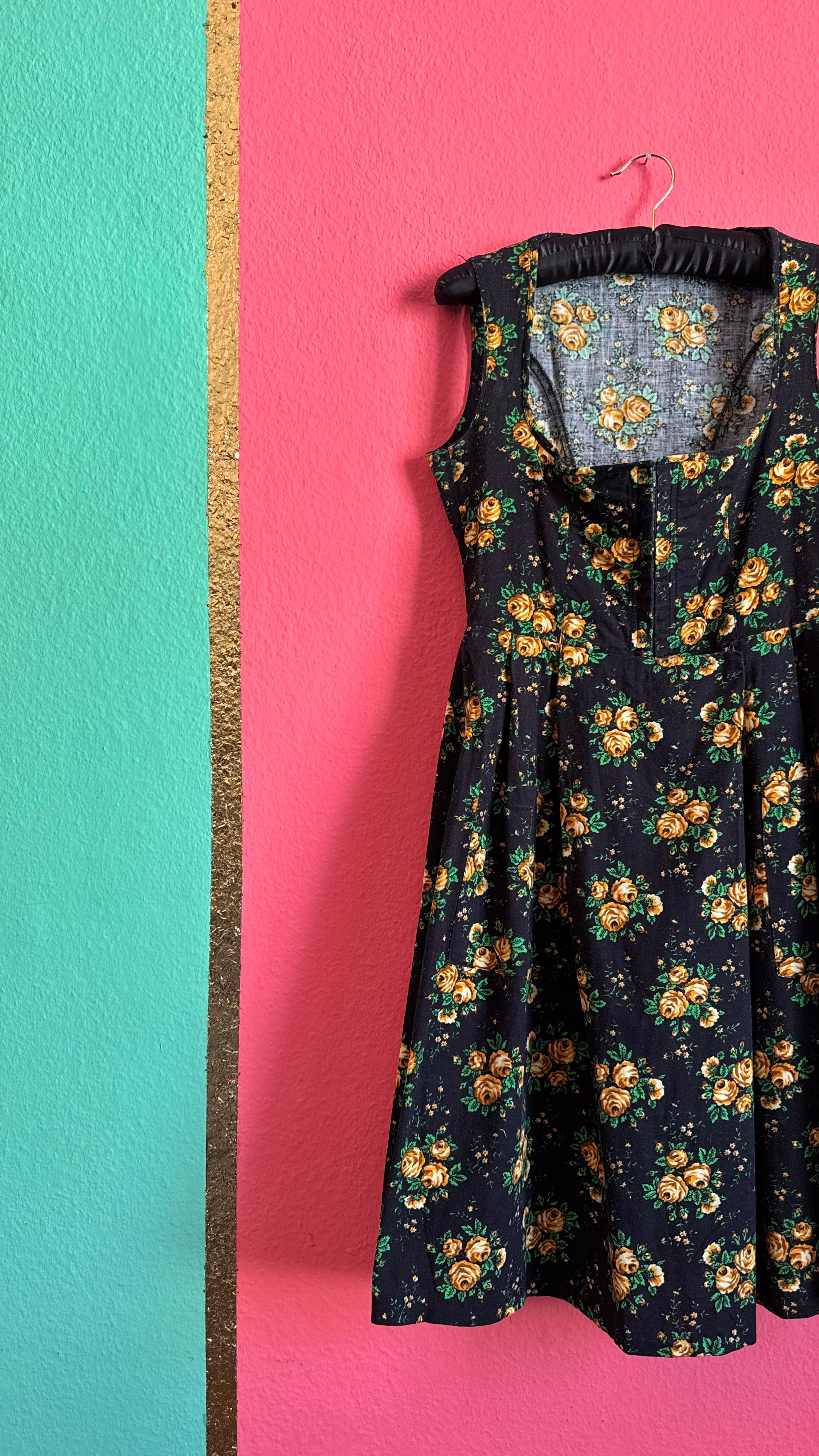 Vintage 1980s Black and Golden Rose Floral Dirndl Dress