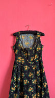 Vintage 1980s Black and Golden Rose Floral Dirndl Dress