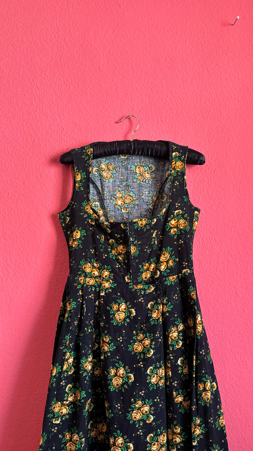 Vintage 1980s Black and Golden Rose Floral Dirndl Dress