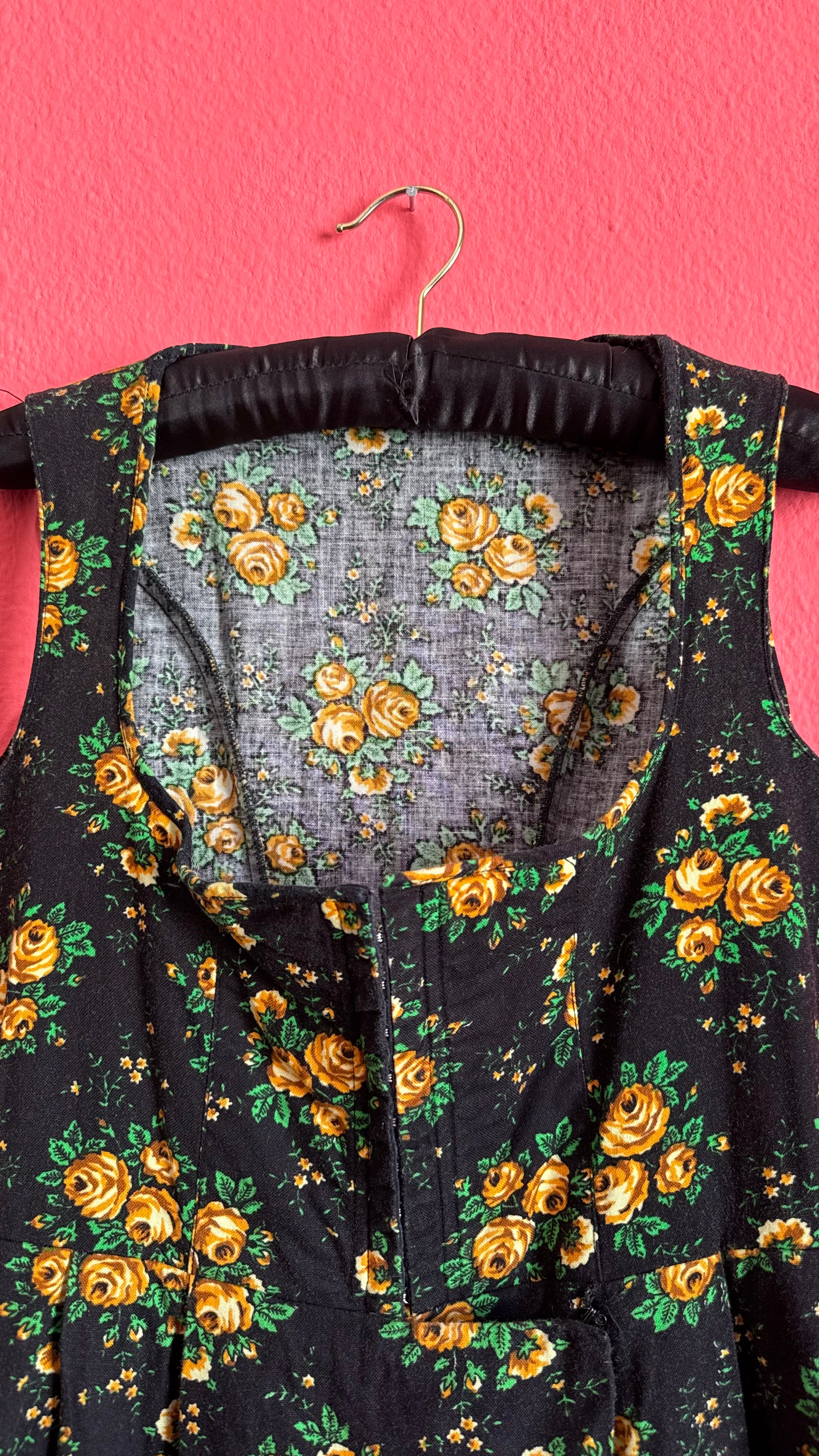 Vintage 1980s Black and Golden Rose Floral Dirndl Dress