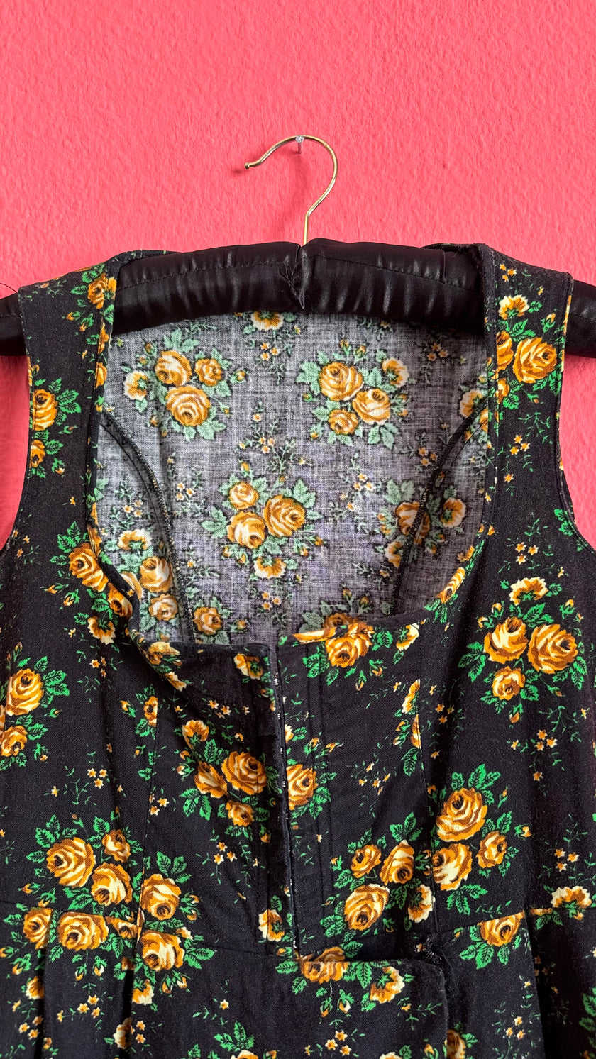 Vintage 1980s Black and Golden Rose Floral Dirndl Dress