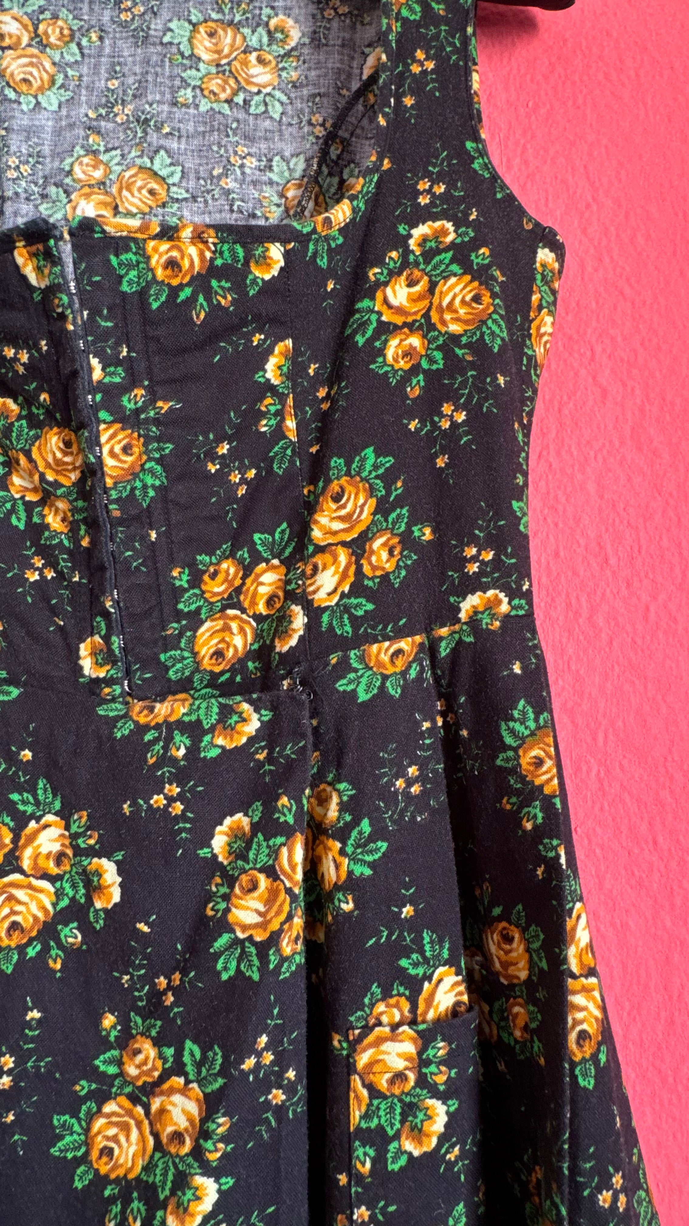 Vintage 1980s Black and Golden Rose Floral Dirndl Dress