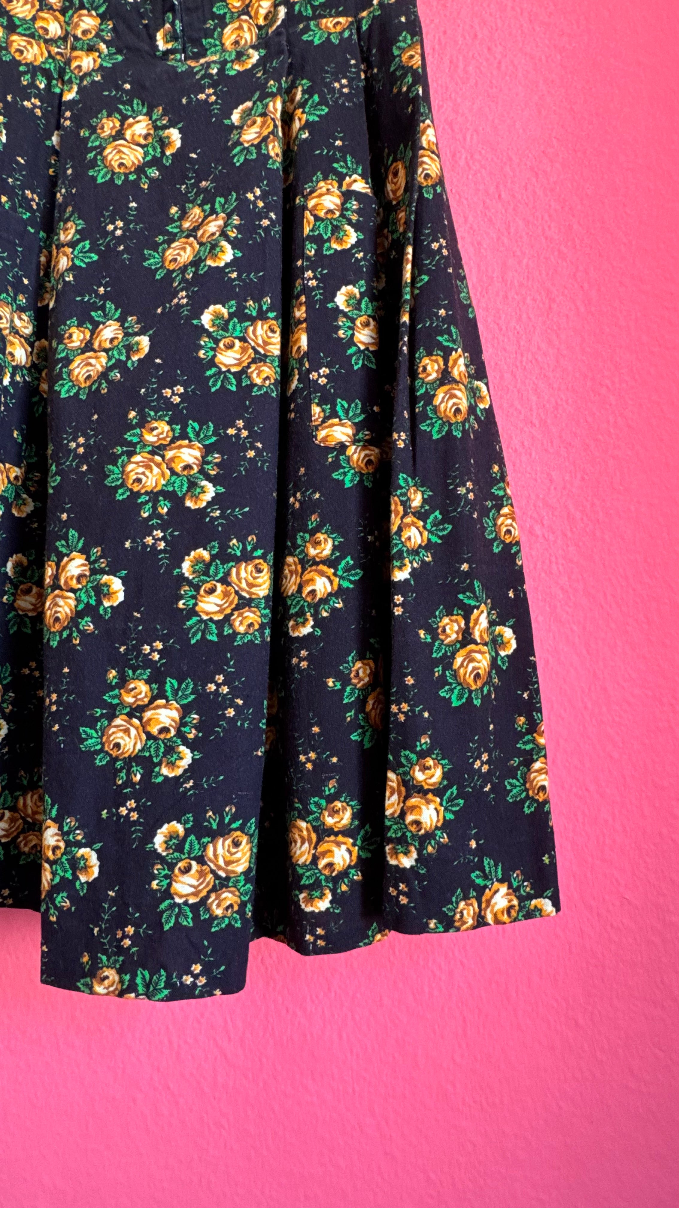 Vintage 1980s Black and Golden Rose Floral Dirndl Dress