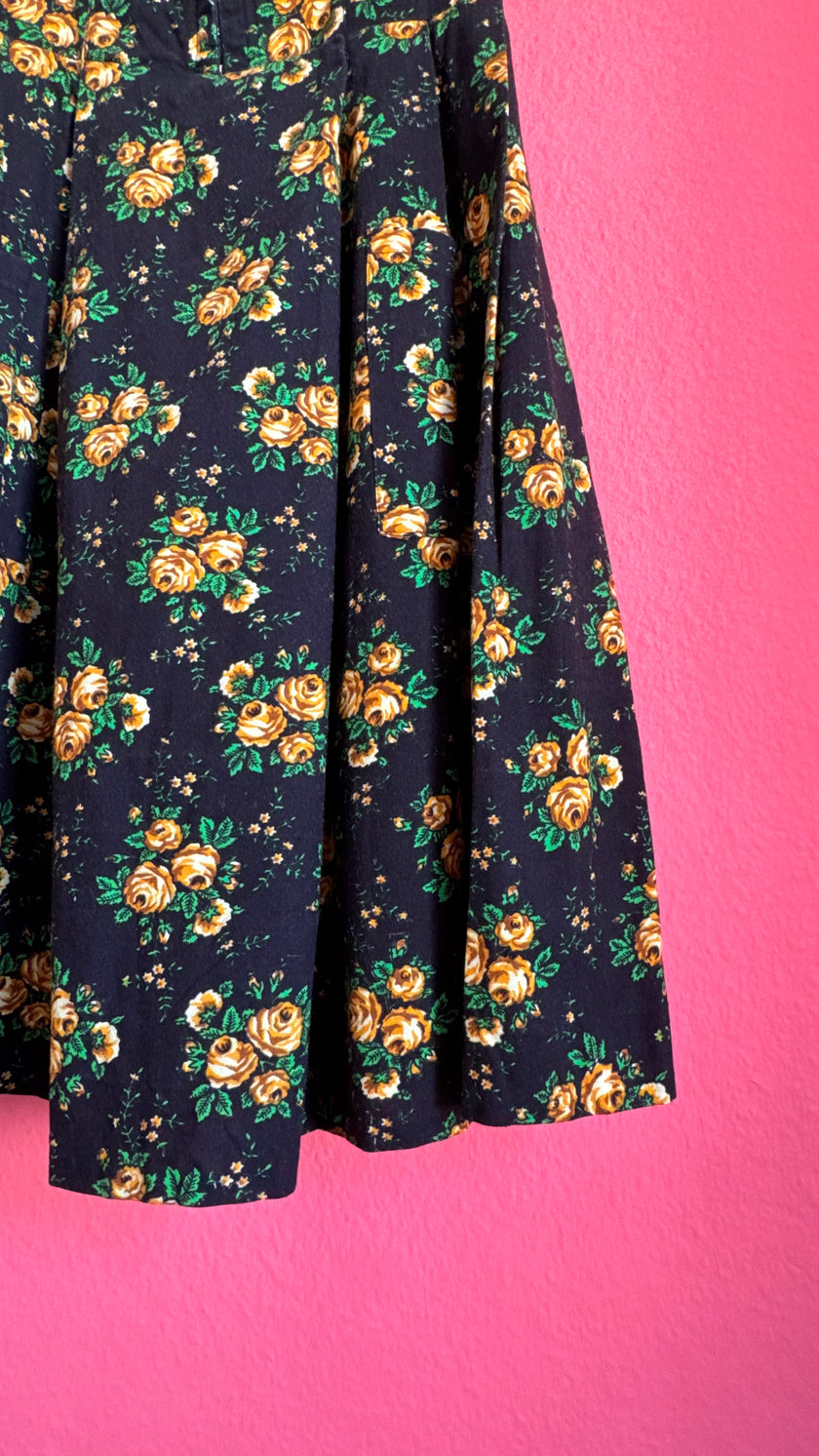 Vintage 1980s Black and Golden Rose Floral Dirndl Dress