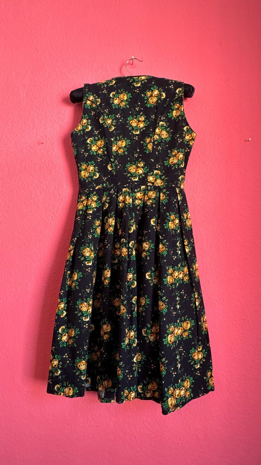 Vintage 1980s Black and Golden Rose Floral Dirndl Dress